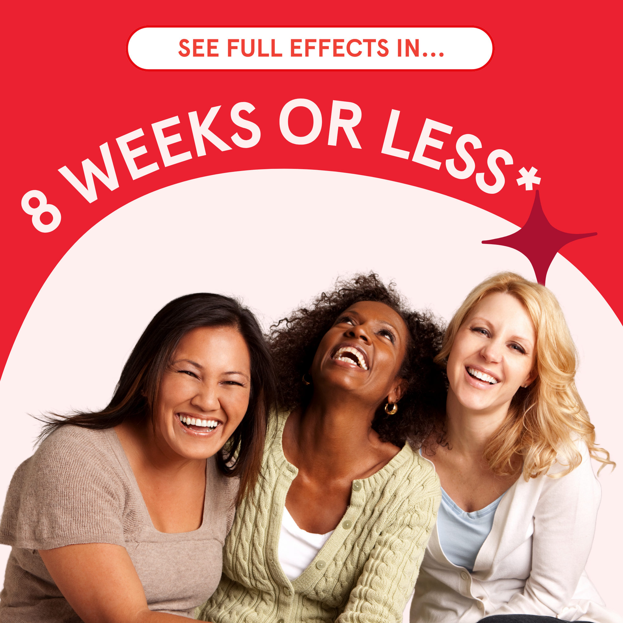Three women smiling together with a red background and text about full effects in 8 weeks or less.