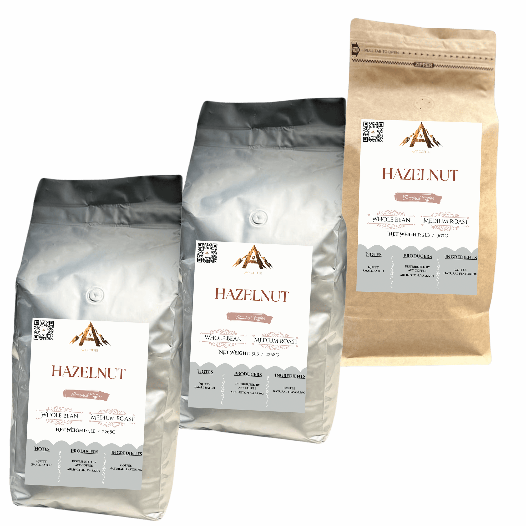 Three packages of Hazelnut coffee with visible branding on a light gray background
