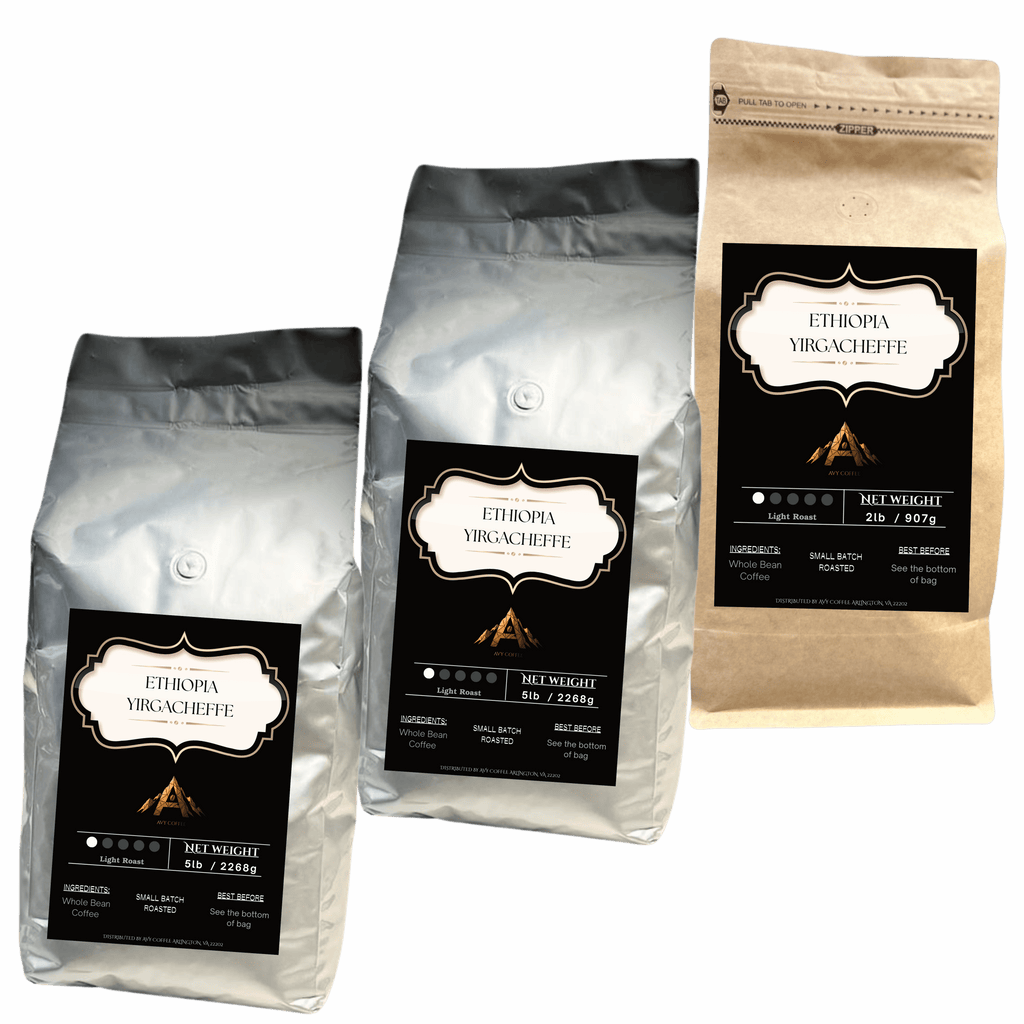 Three coffee bags with 'Ethiopia Yirgacheffe' label on a light gray background