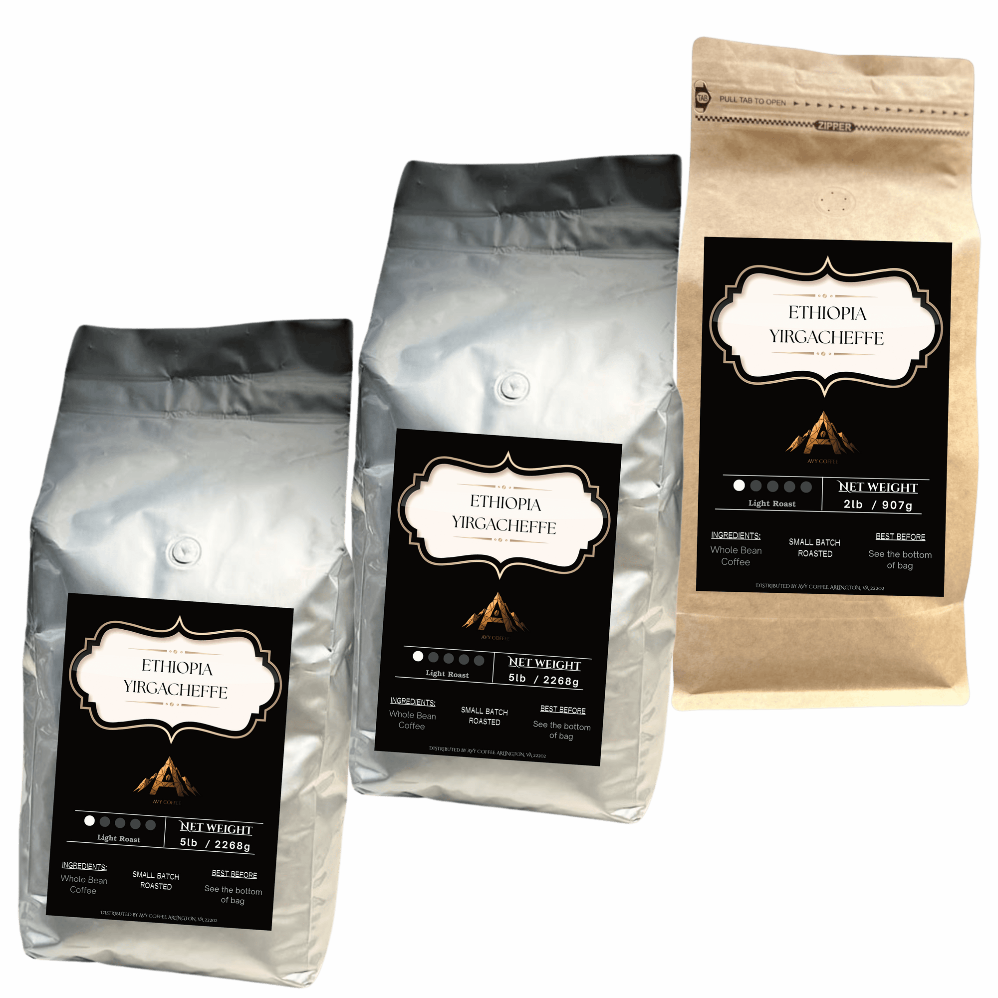 Three coffee bags with 'Ethiopia Yirgacheffe' label on a light gray background