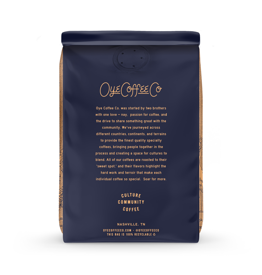 Oye Coffee Co coffee bag with branding and text on a white background