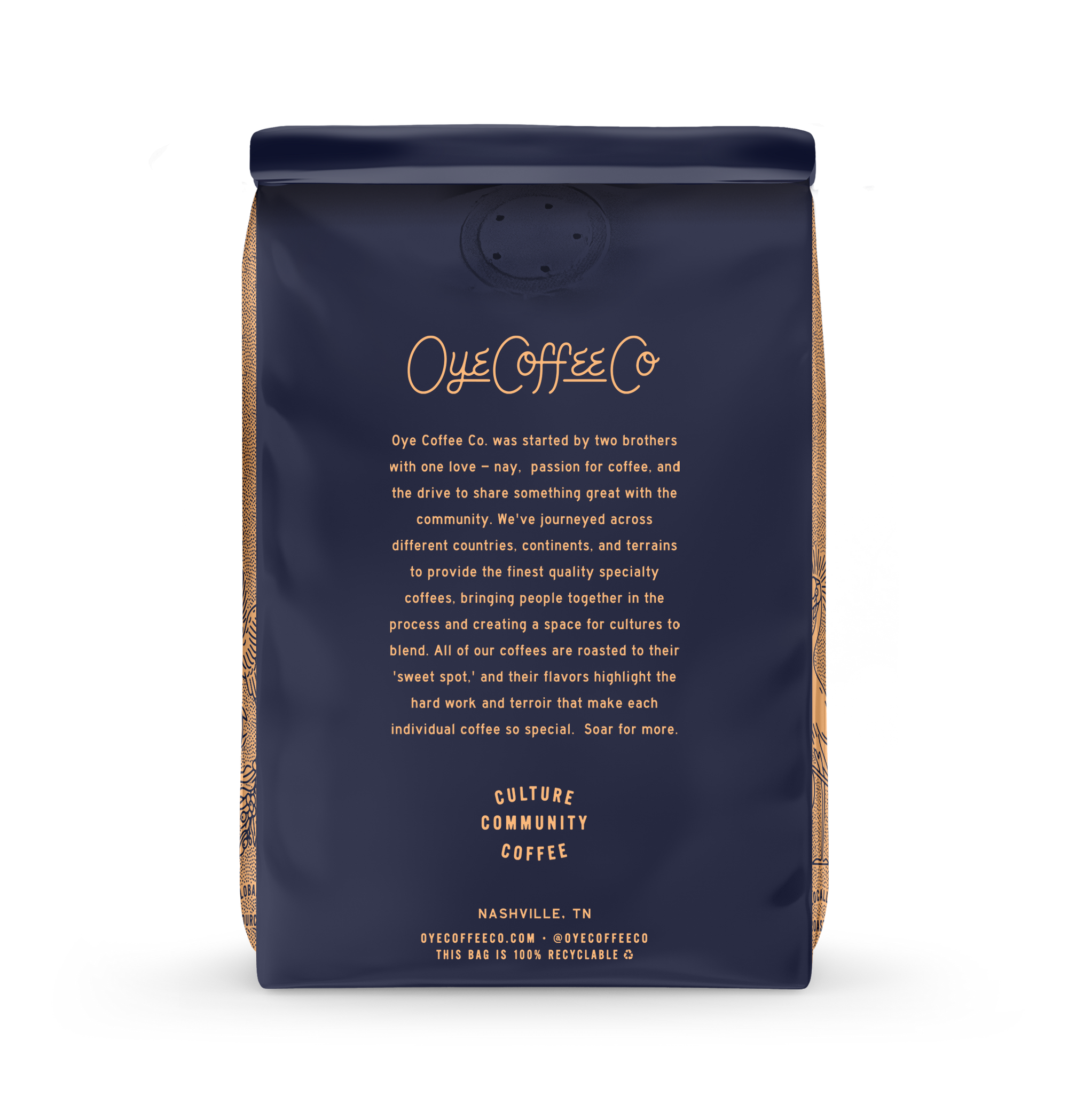 Oye Coffee Co coffee bag with branding and text on a white background