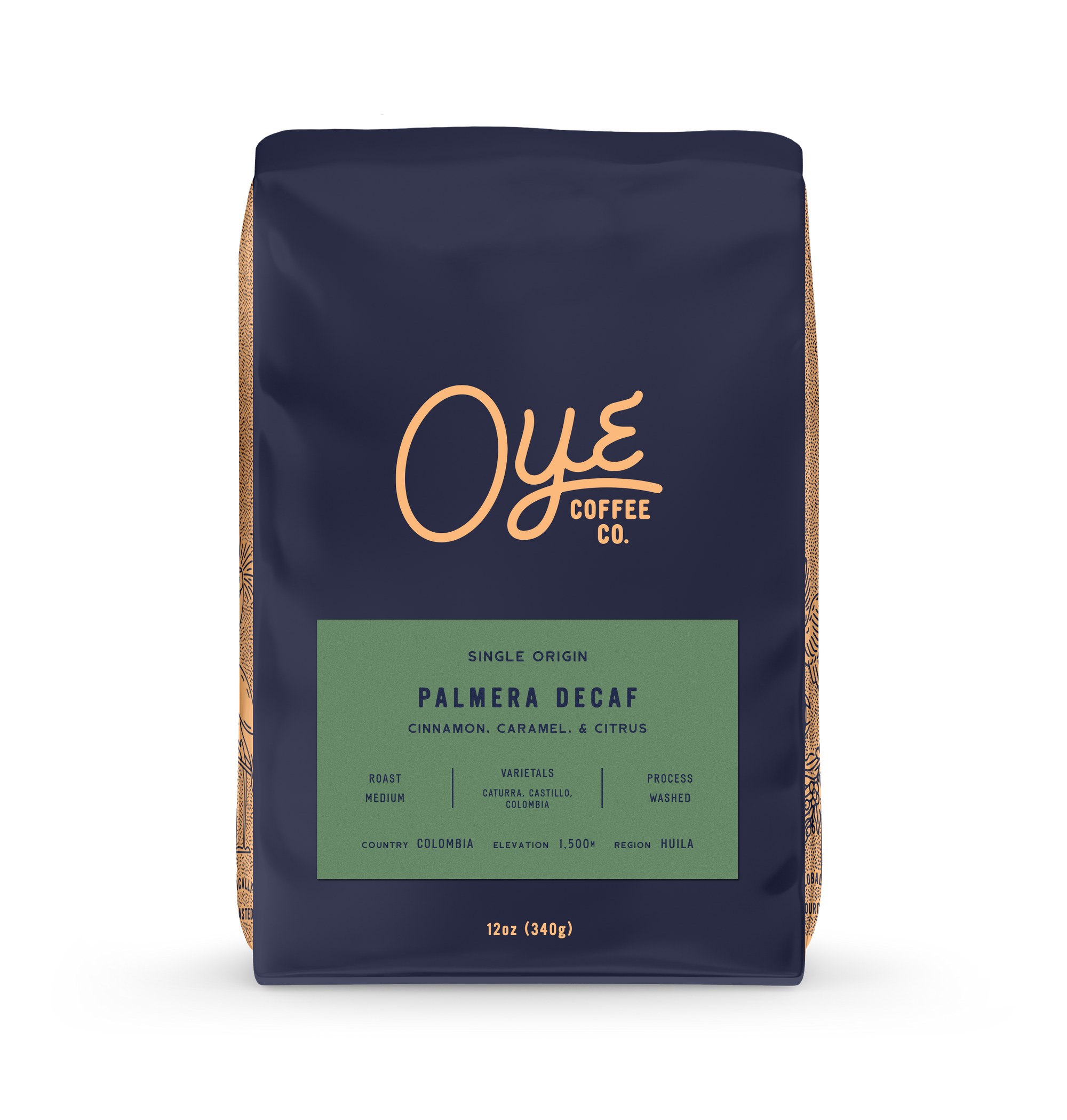 Oye Coffee Co. coffee bag with 'Palmera Decaf' on a white background