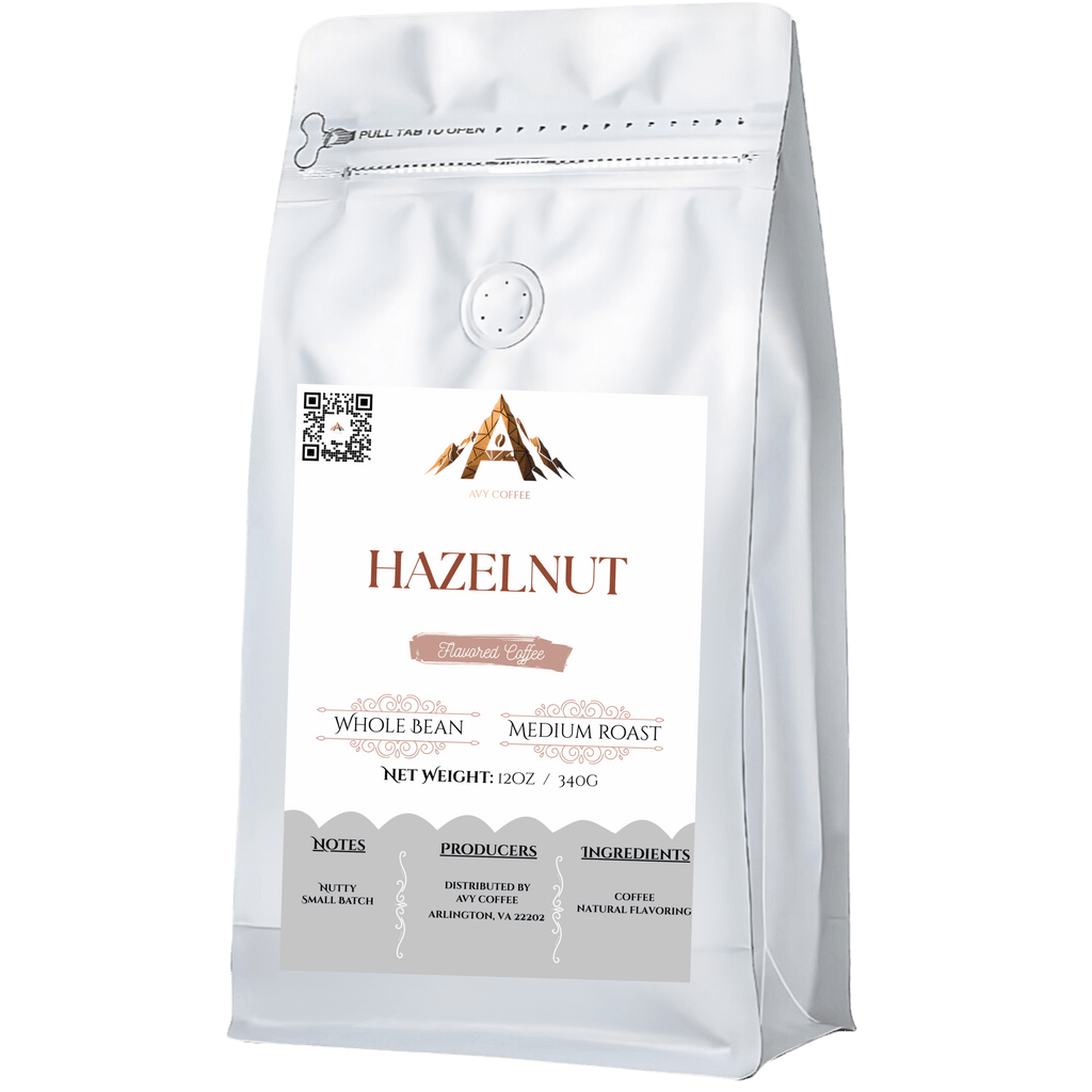 White coffee bag labeled 'Hazelnut' with a brand logo on a white background