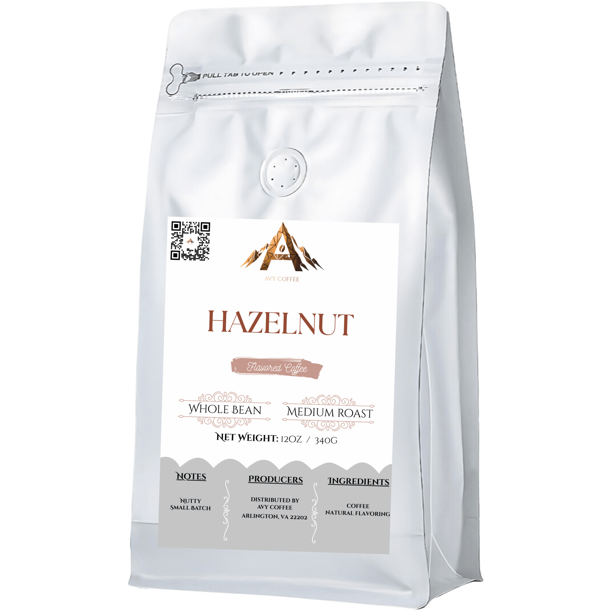 White coffee bag labeled 'Hazelnut' with a brand logo on a white background