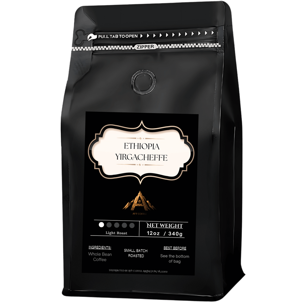 Black coffee bag with 'Ethiopia Yirgacheffe' label on a white background