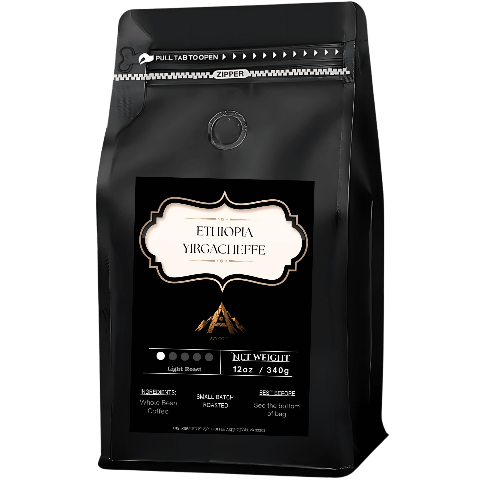Black coffee bag with 'Ethiopia Yirgacheffe' label on a white background