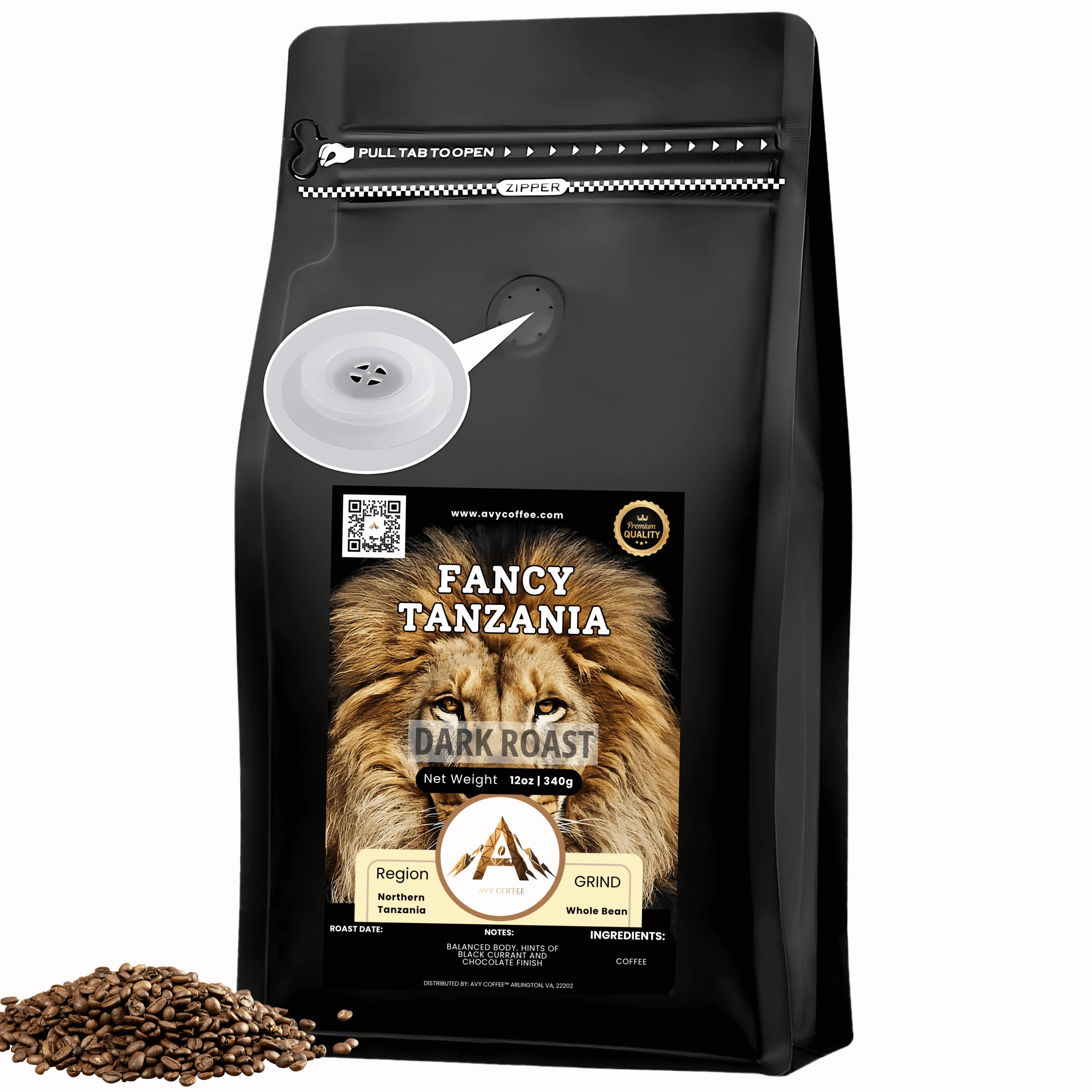 Black coffee bag with lion graphic and 'Fancy Tanzania' branding on a white background