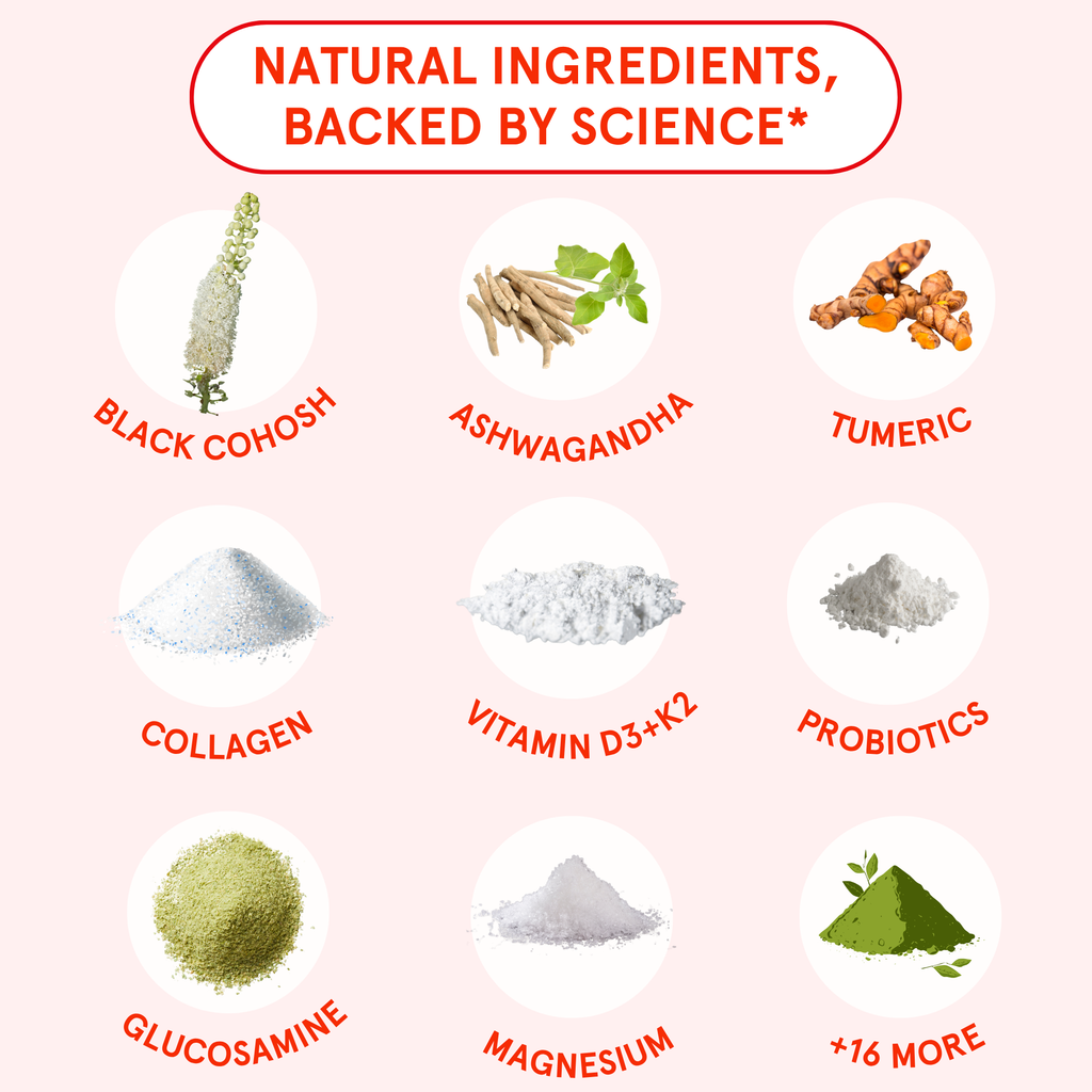 Illustration of natural ingredients with labels on a light pink background