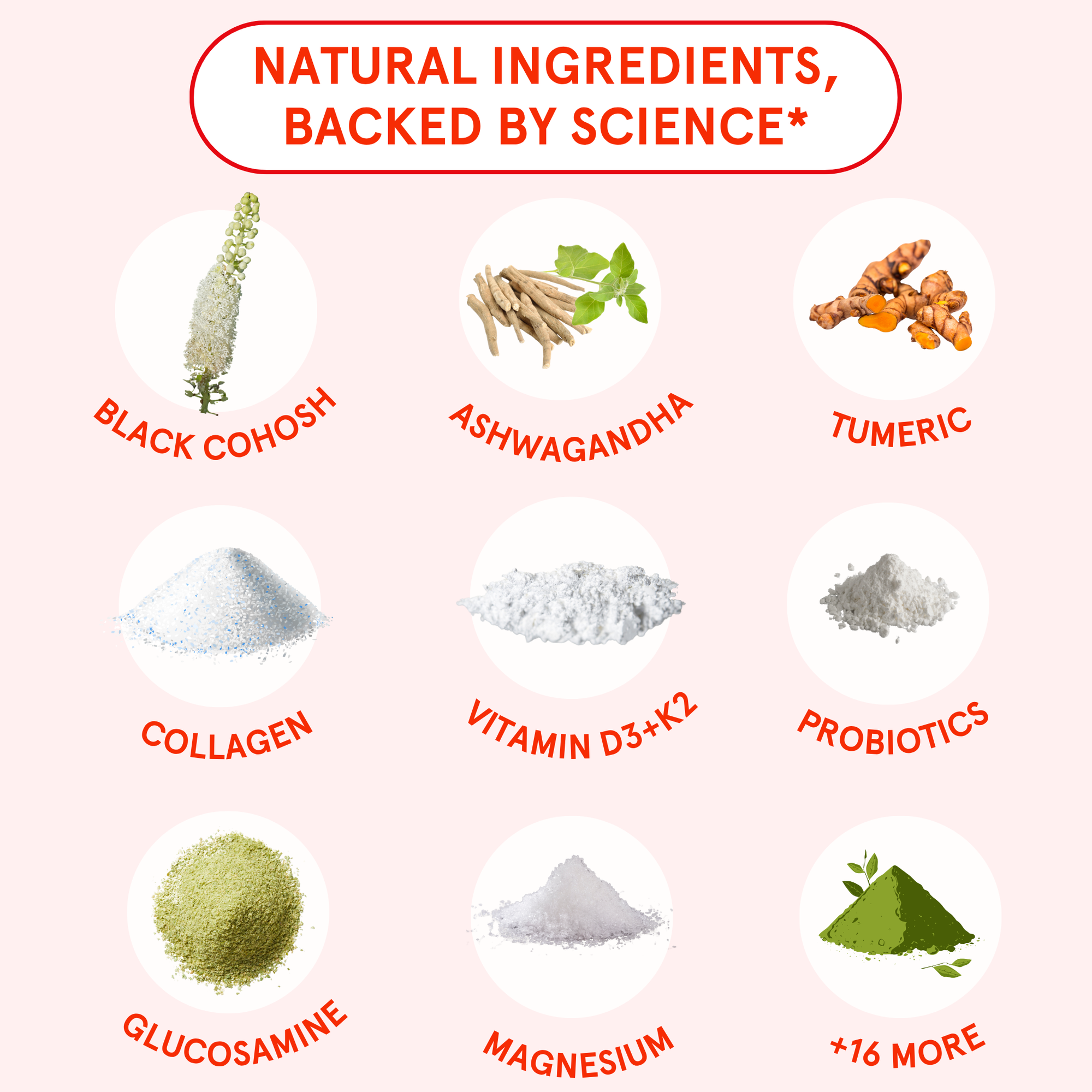 Illustration of natural ingredients with labels on a light pink background