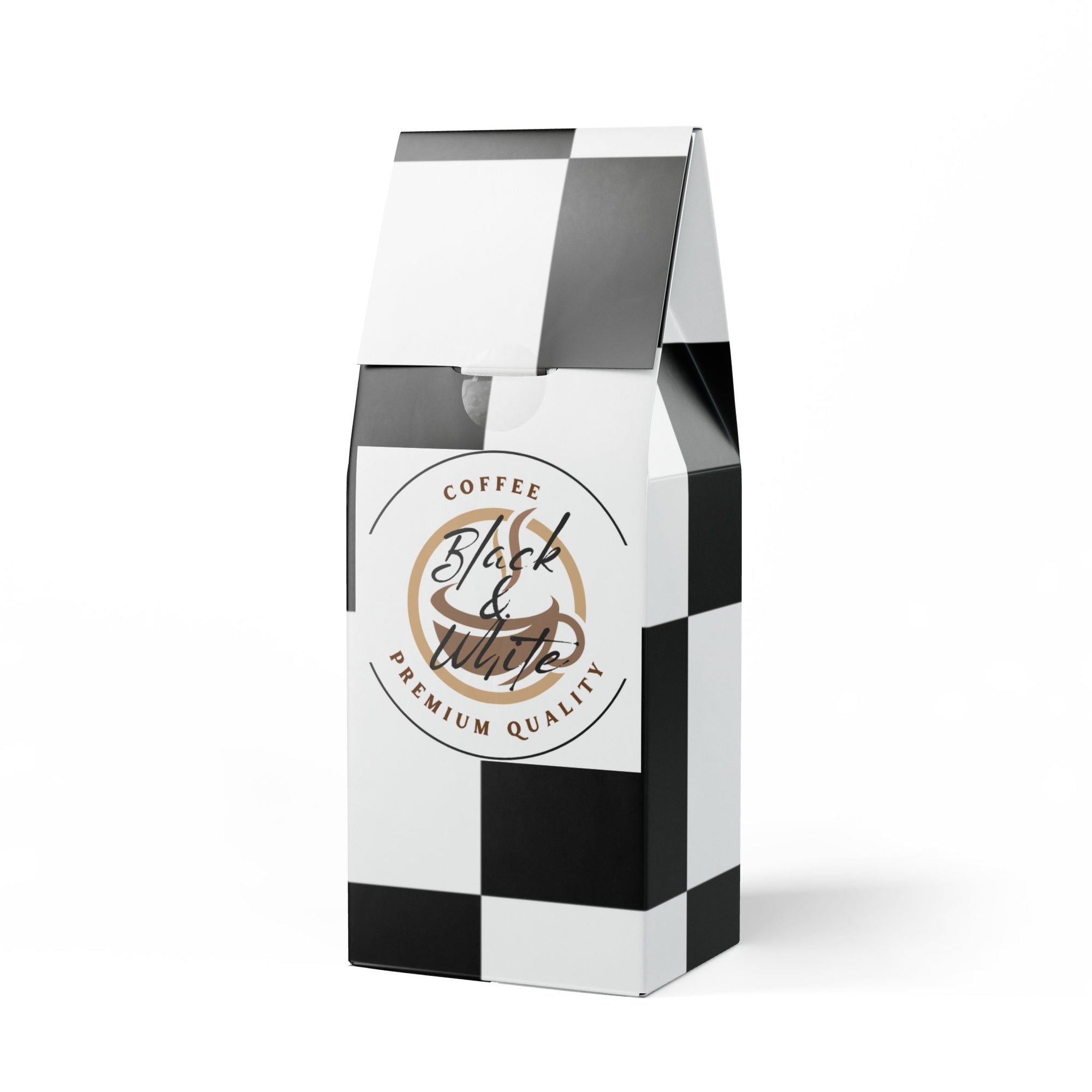 Black and white striped coffee bag with 'Black & White Coffee' branding on a white background
