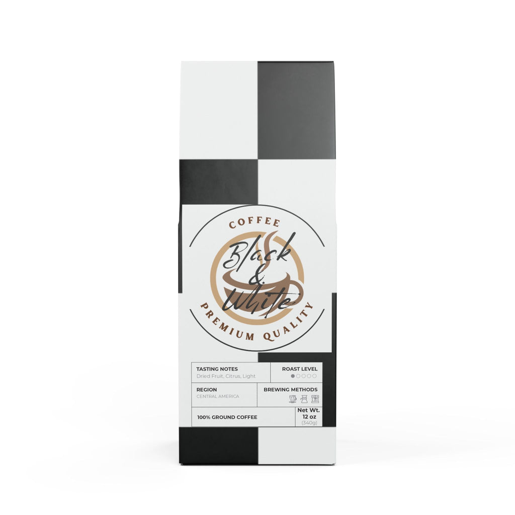 Coffee package with 'Black & White' branding on a white background