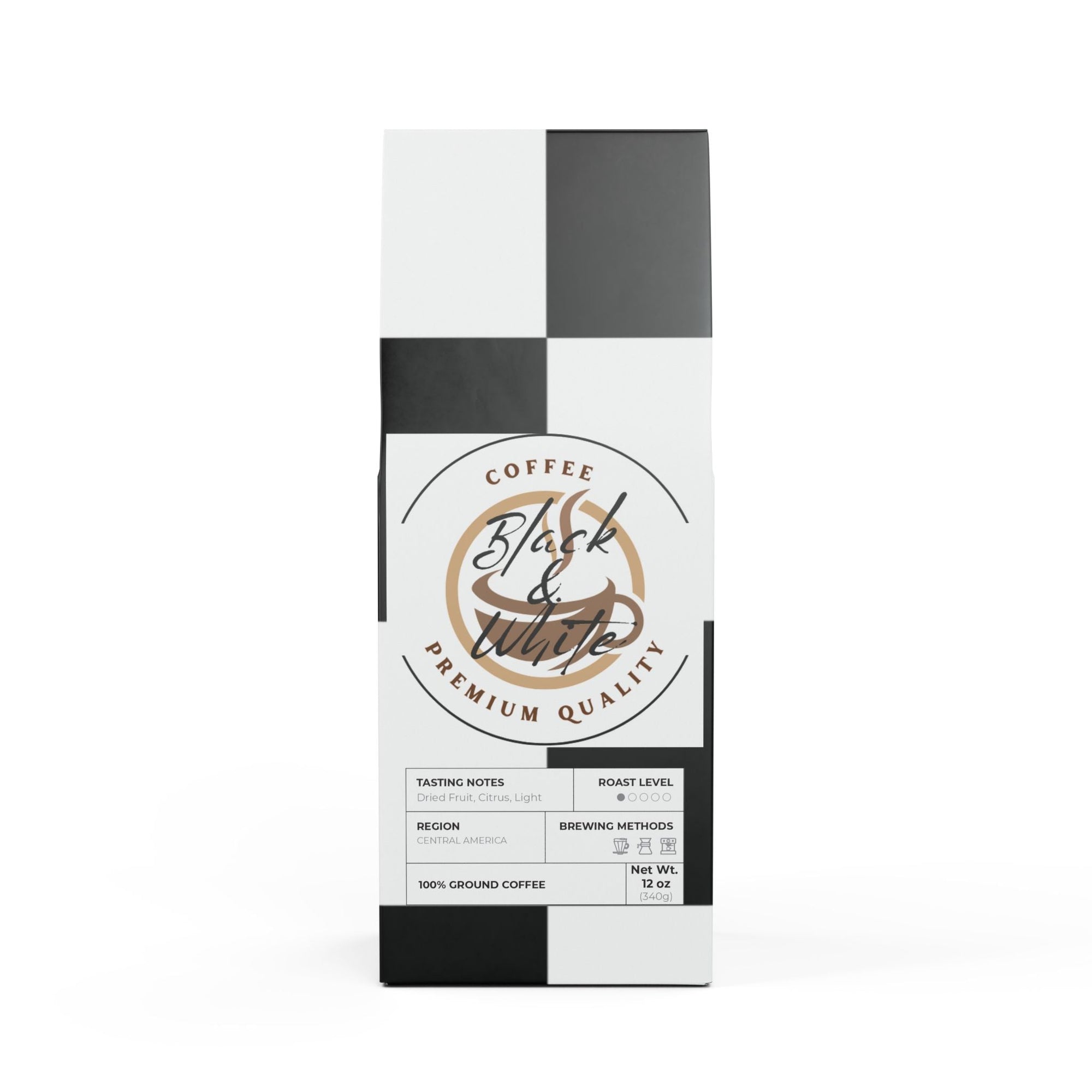 Coffee package with 'Black & White' branding on a white background