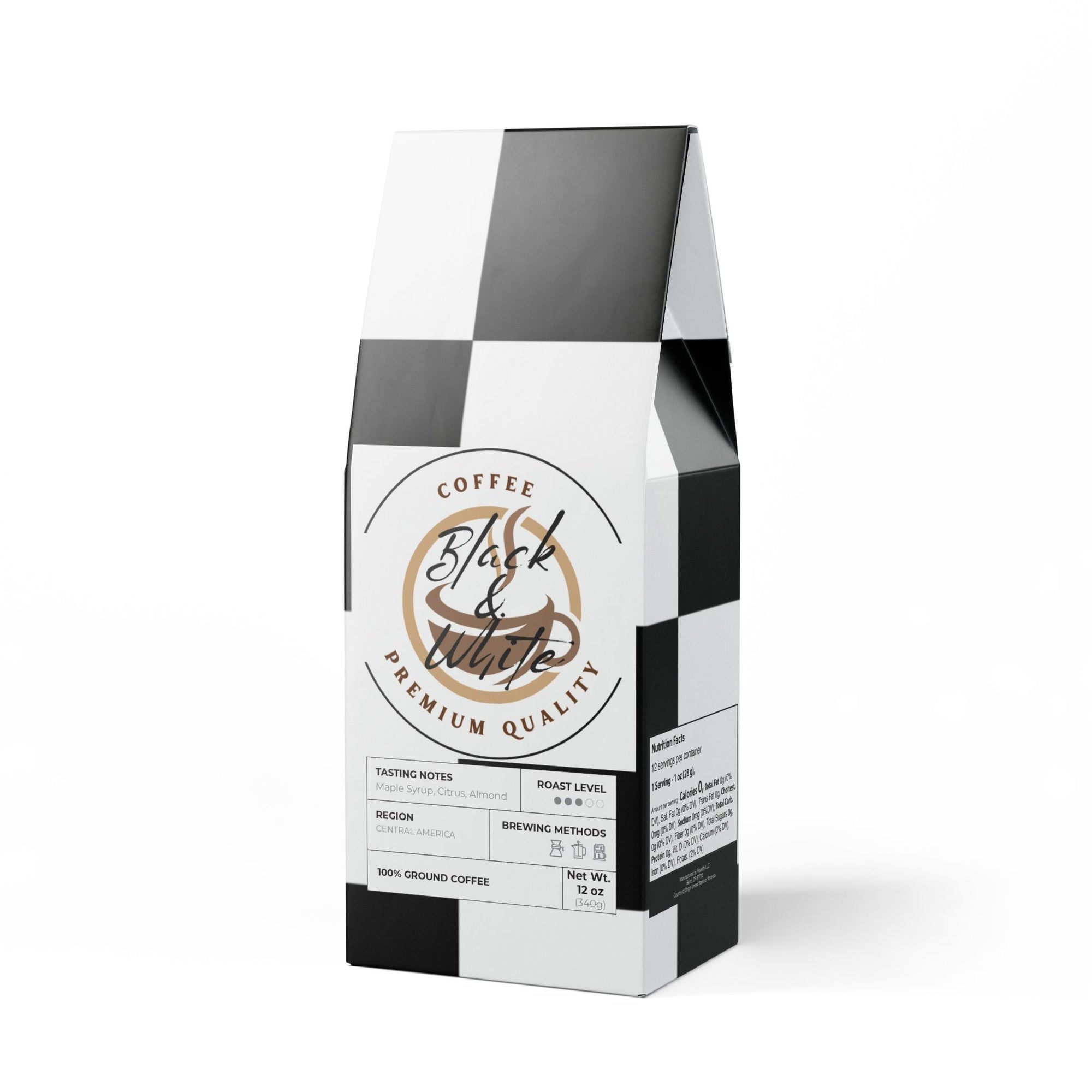 Black and White coffee packaging on a white background