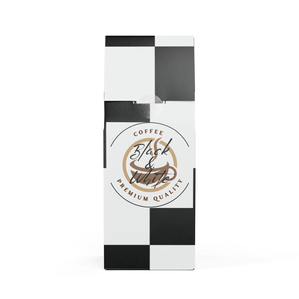Coffee package with black and white checkered pattern and 'Black & White Coffee' branding.