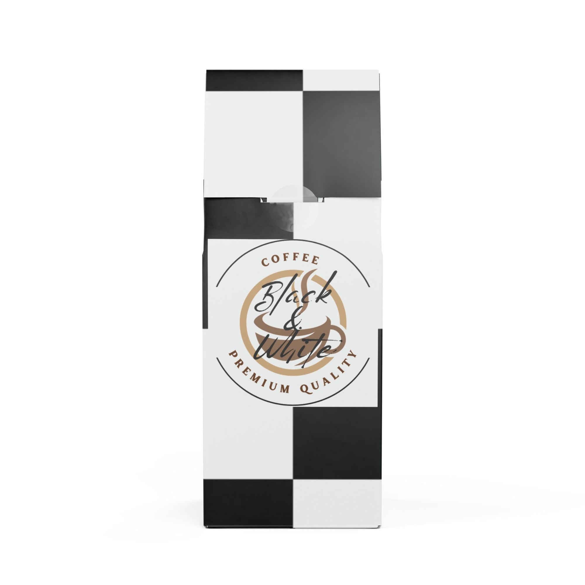 Coffee package with black and white checkered pattern and 'Black & White Coffee' branding.