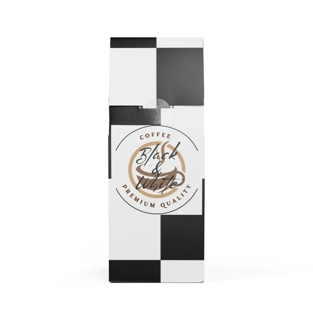Black and white coffee packaging with a checkered pattern on a white background