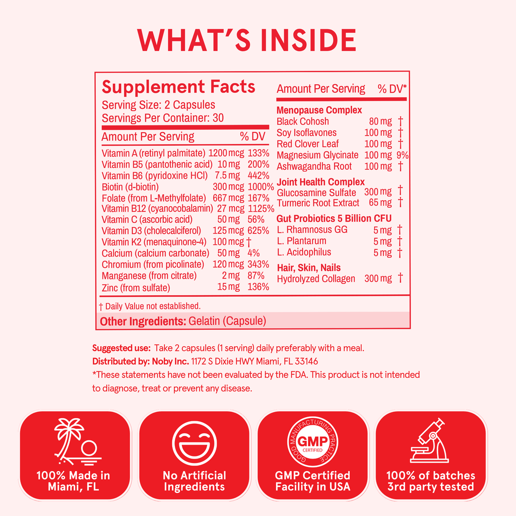 Supplement label with detailed nutritional information and certification logos on a white background