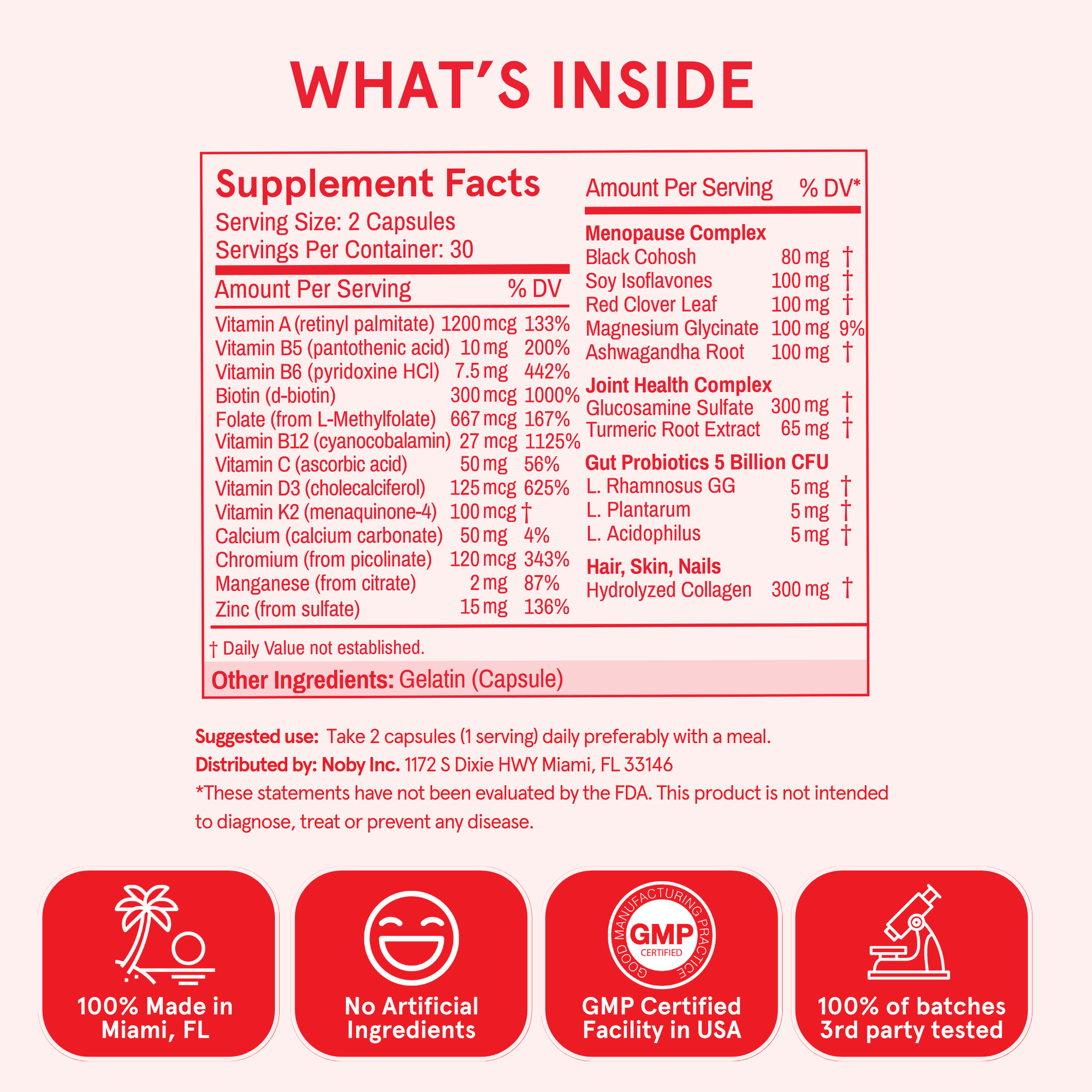 Supplement label with detailed nutritional information and certification logos on a white background