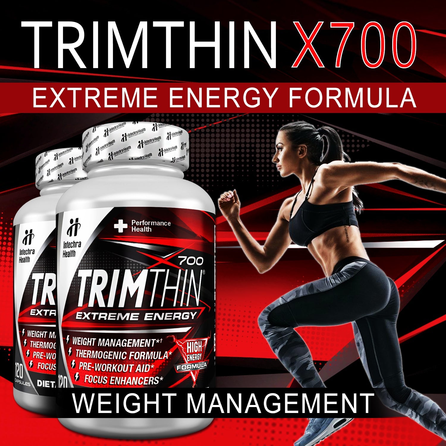 Trimthin X700 supplement bottles with a woman exercising on a red background