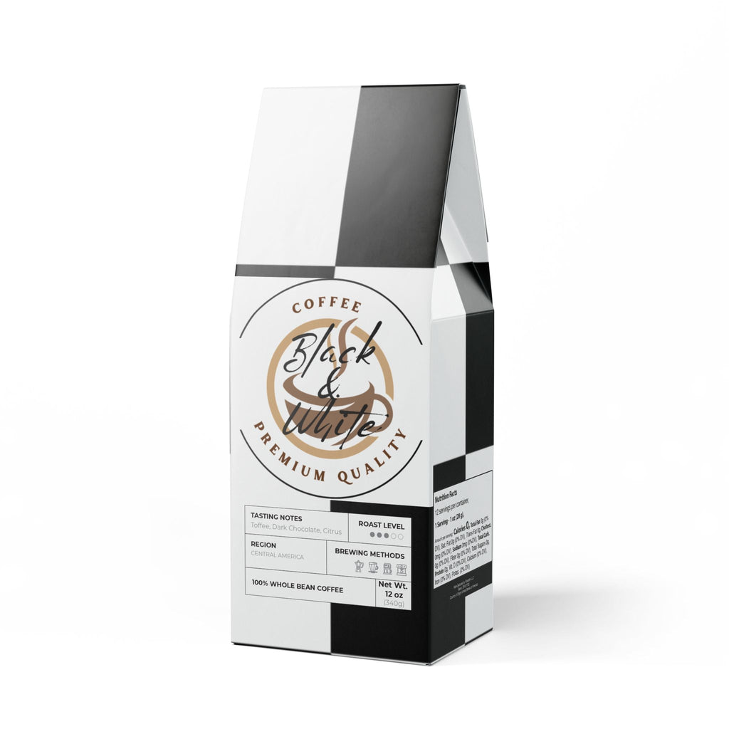 Coffee bag with 'Black & White' branding on a white background