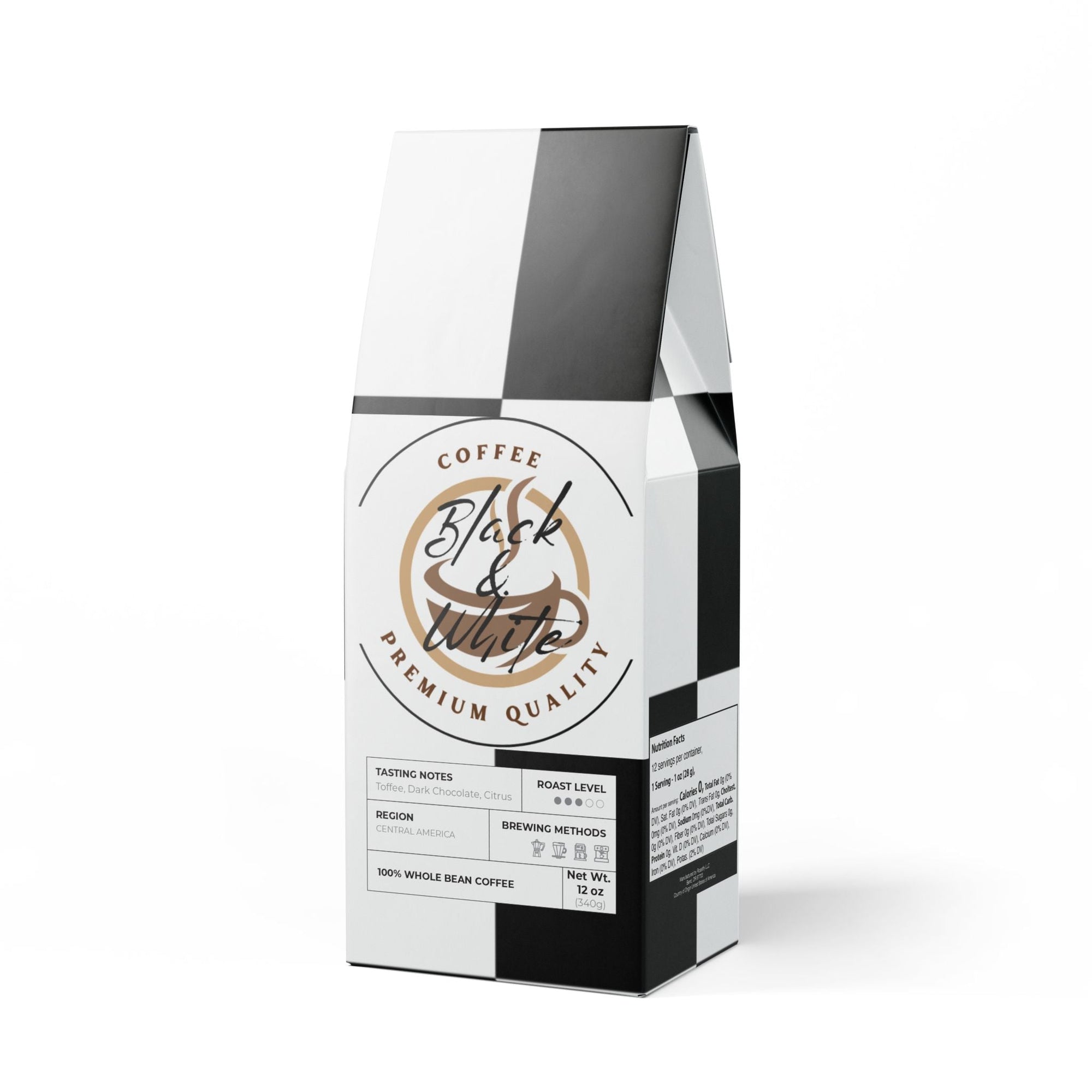 Coffee bag with 'Black & White' branding on a white background