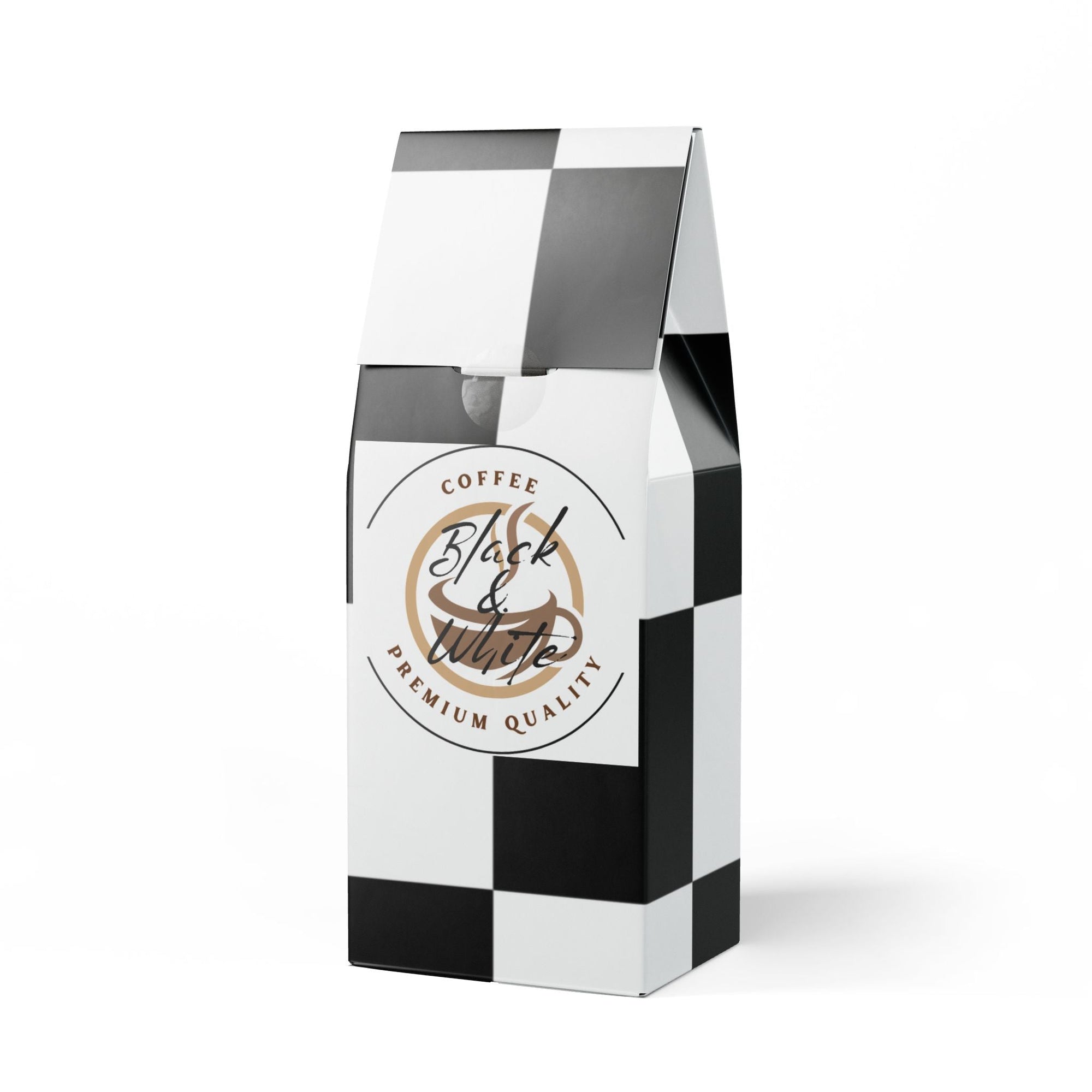 Black and white coffee bag with 'Black & White Premium Quality' label on a white background