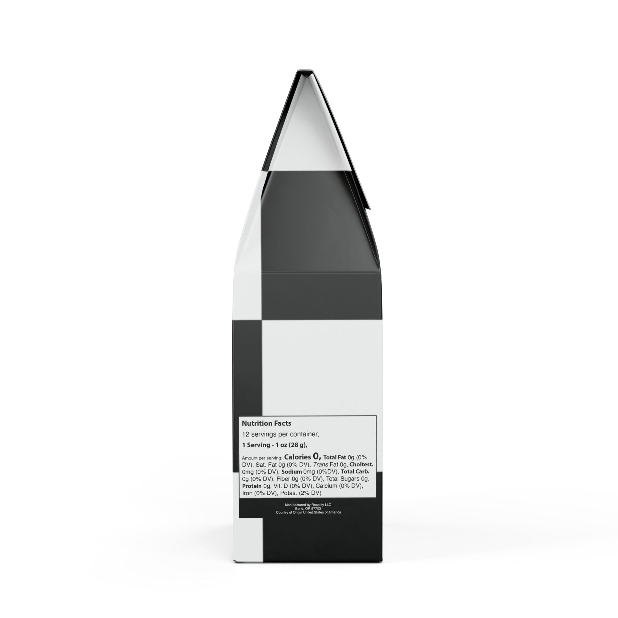 Black and white cylindrical product with a label on a white background