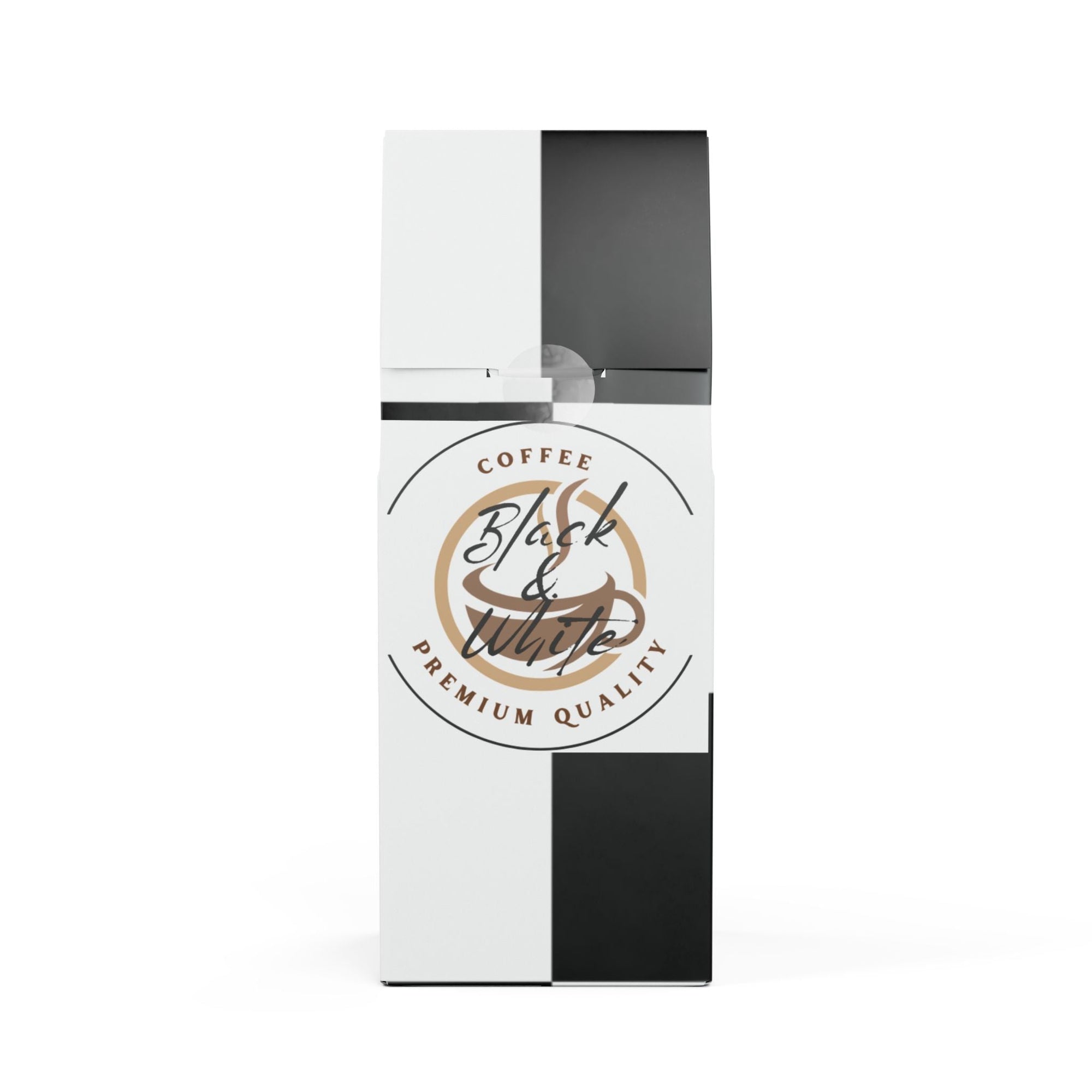 Coffee packaging with 'Black & White' branding on a white background