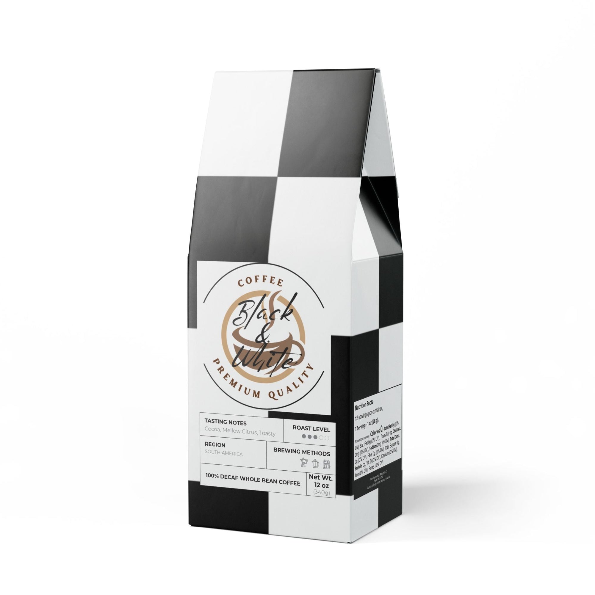 Black and white coffee bag with brand logo on a white background