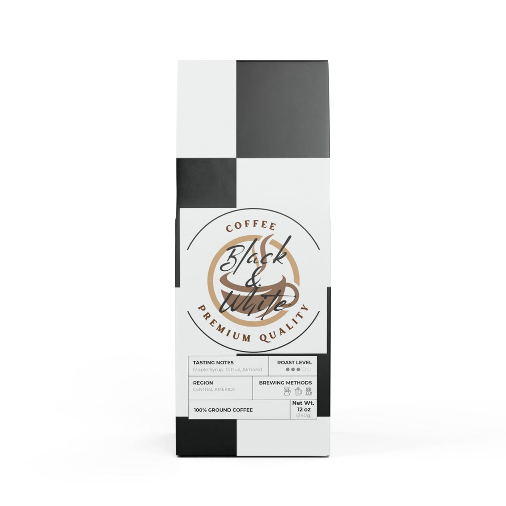 Coffee packaging with 'Black & White' branding on a white background