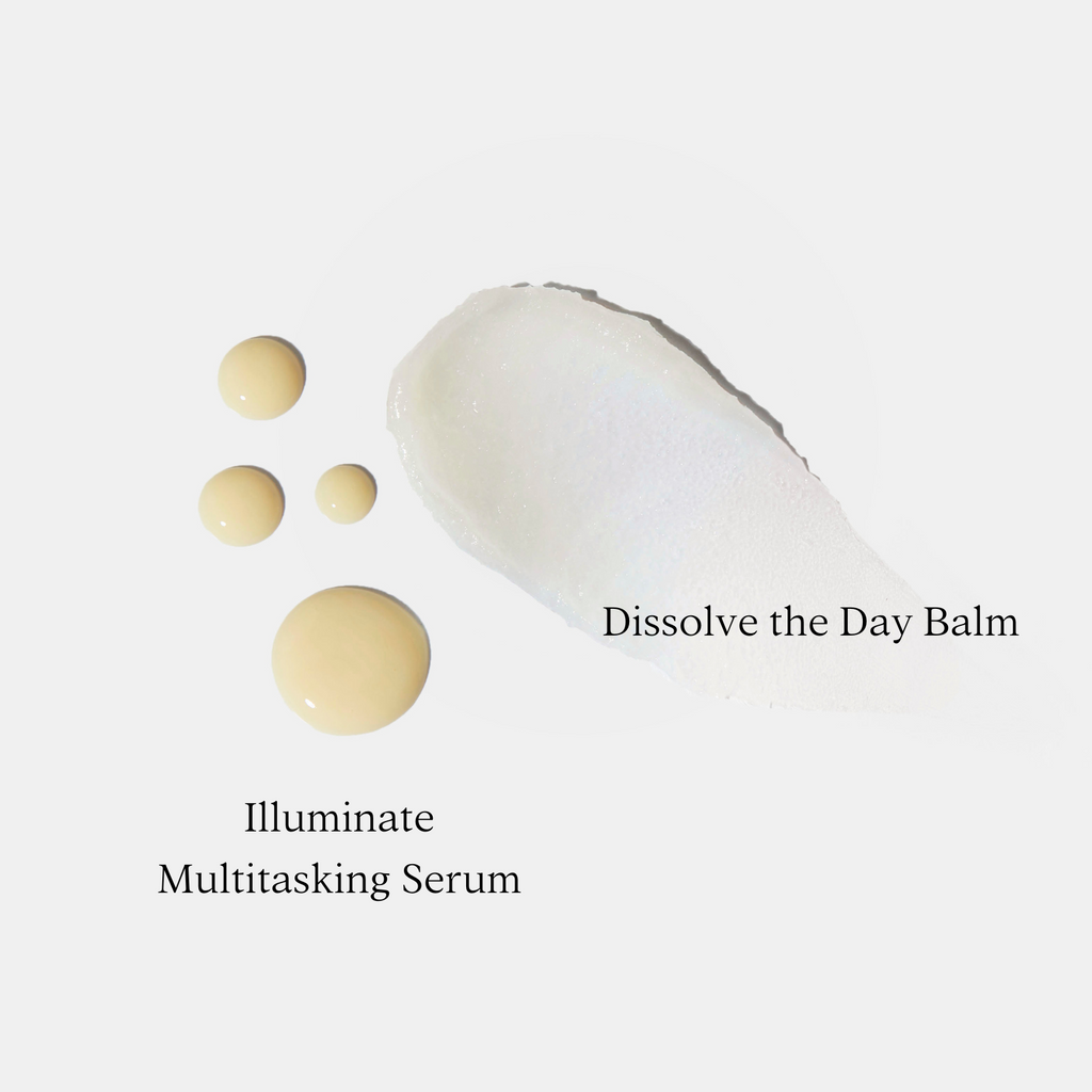 Cosmetic products labeled 'Dissolve the Day Balm' and 'Illuminate Multitasking Serum' on a white background.