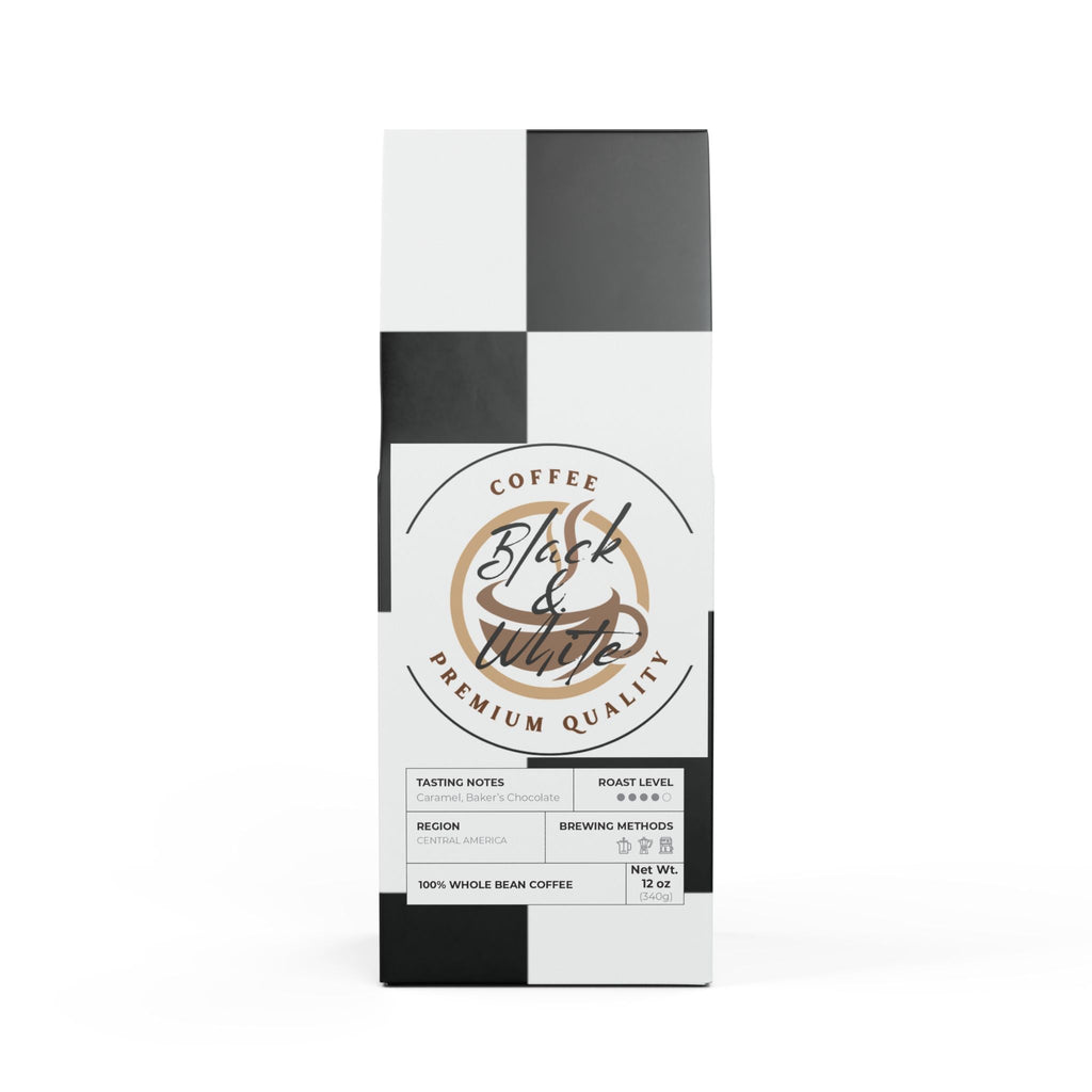 Coffee package with 'Black & White' branding on a white background