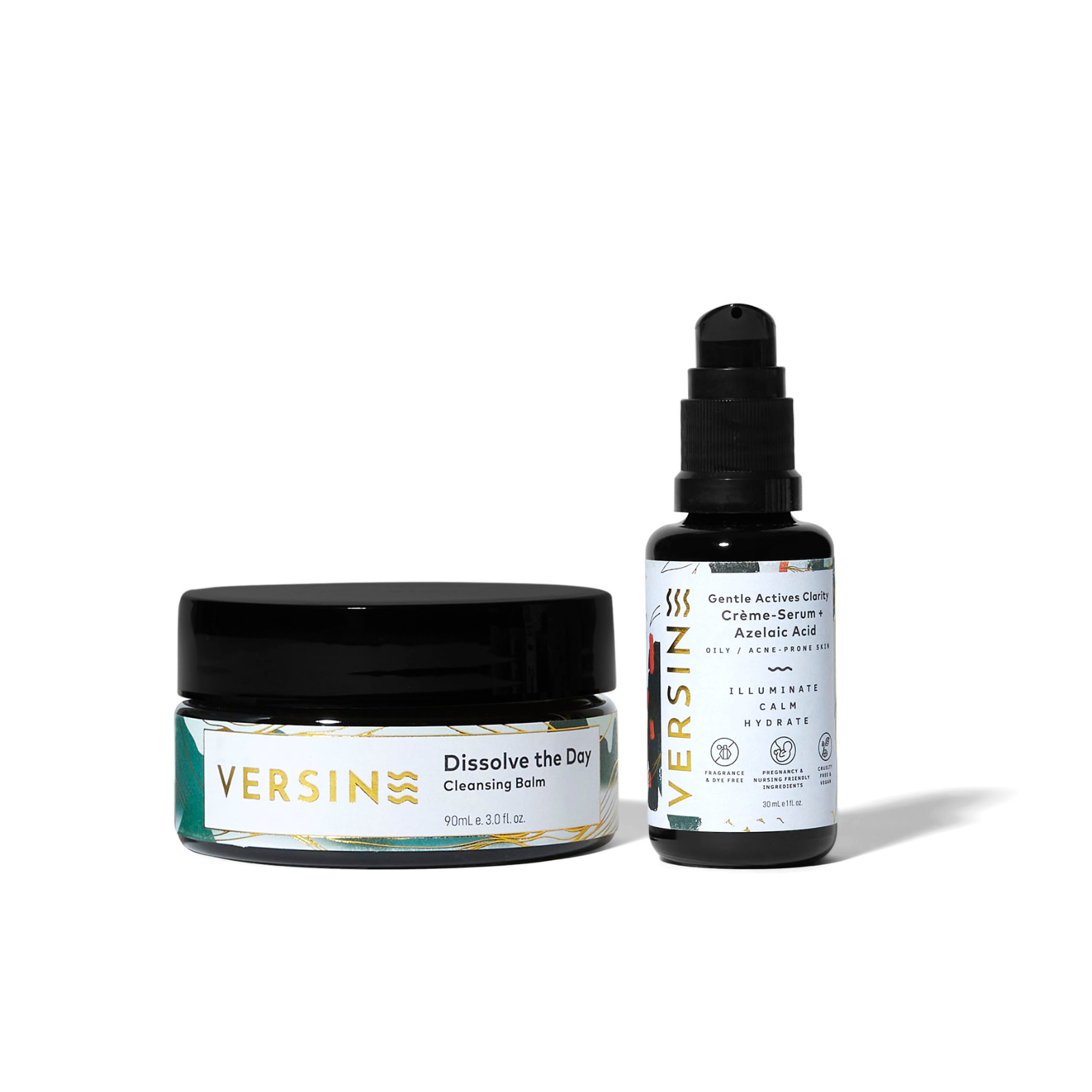 Versin skincare products including a jar and a spray bottle on a white background