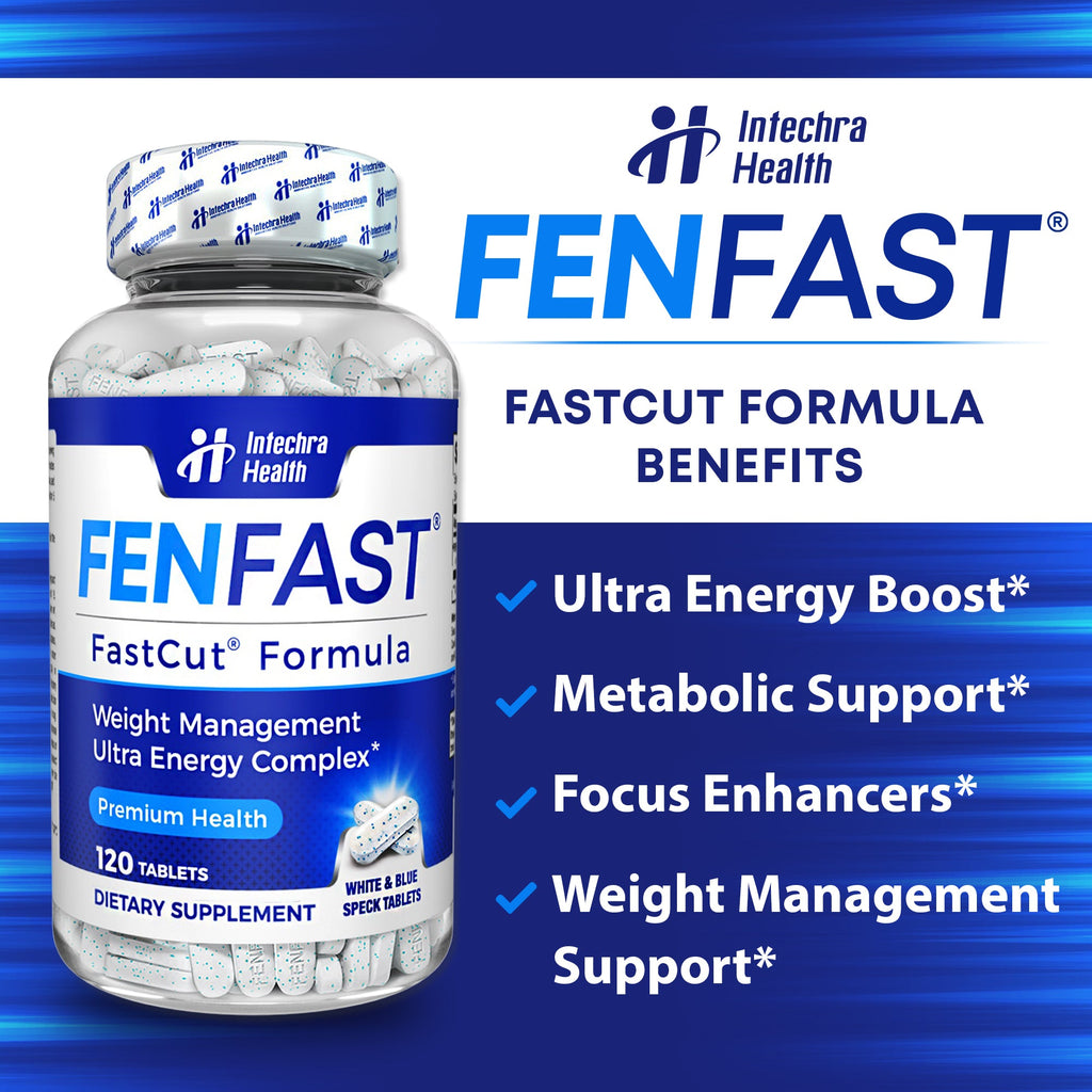 Bottle of Intechna Health FENFAST FastCut Formula with benefits listed on a blue background