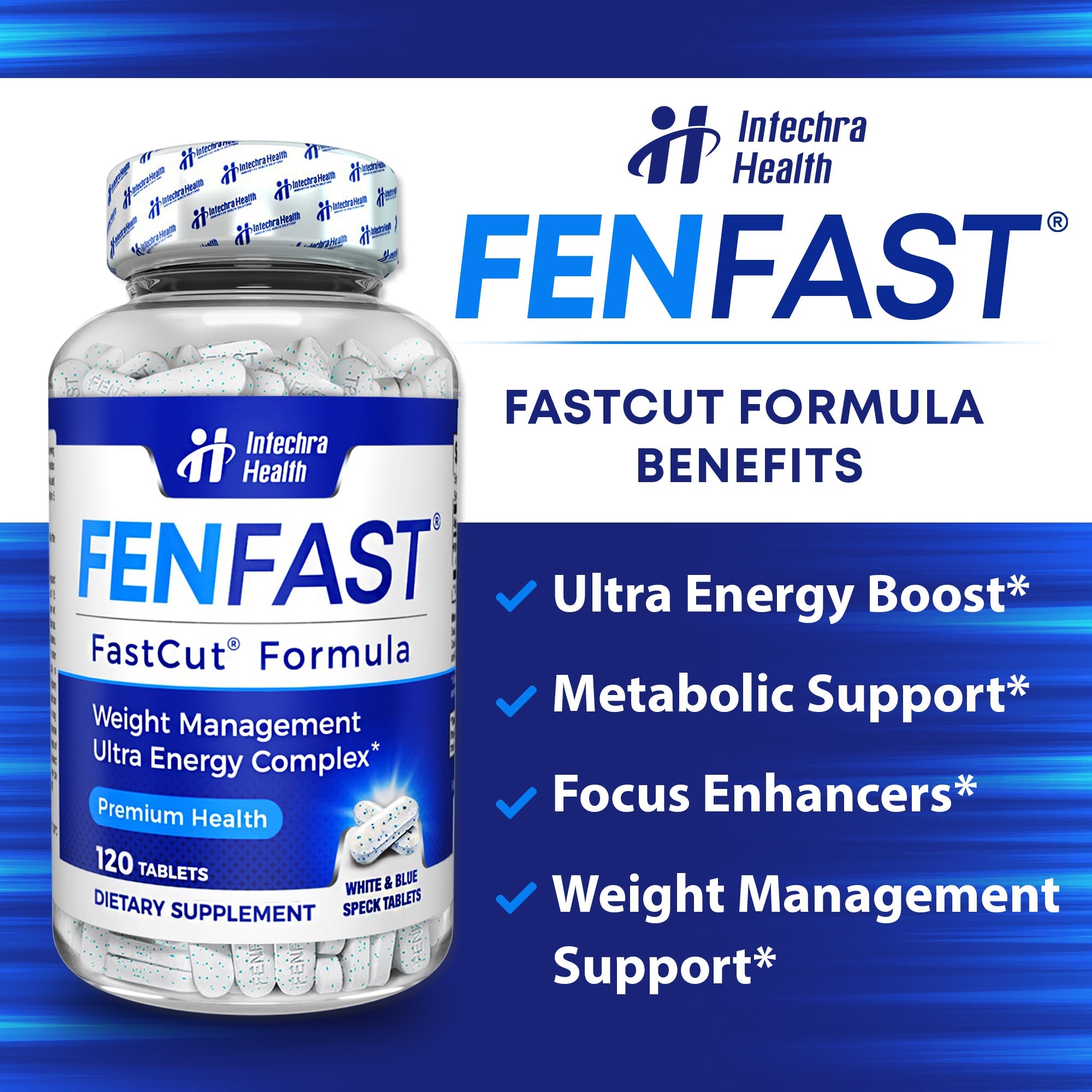 Bottle of Intechna Health FENFAST FastCut Formula with benefits listed on a blue background