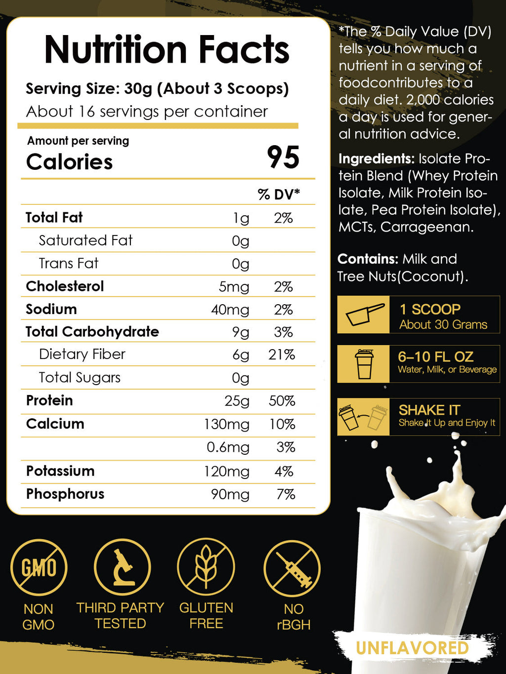 Nutrition facts label for a protein supplement with a scoop of the product on a black background.