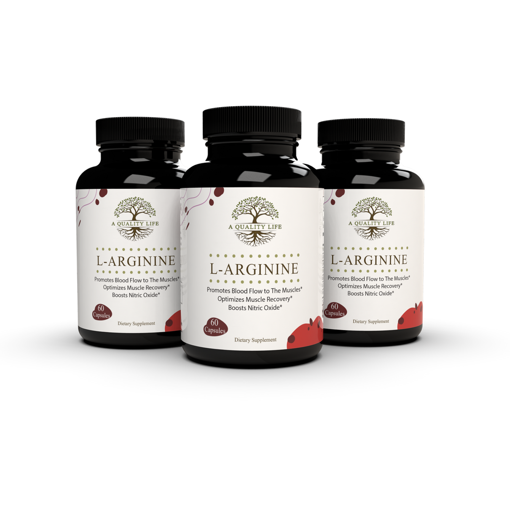 Three bottles of L-Arginine supplement on a white background