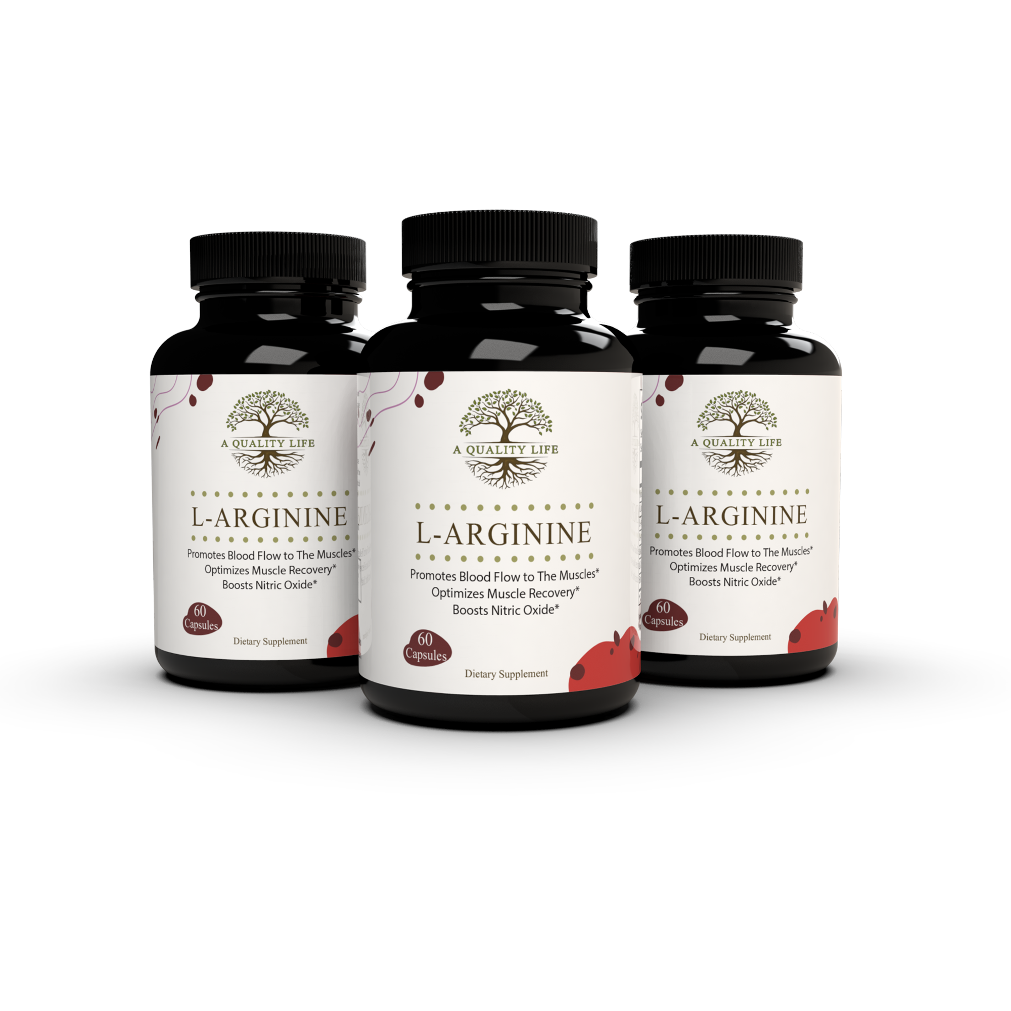 Three bottles of L-Arginine supplement on a white background