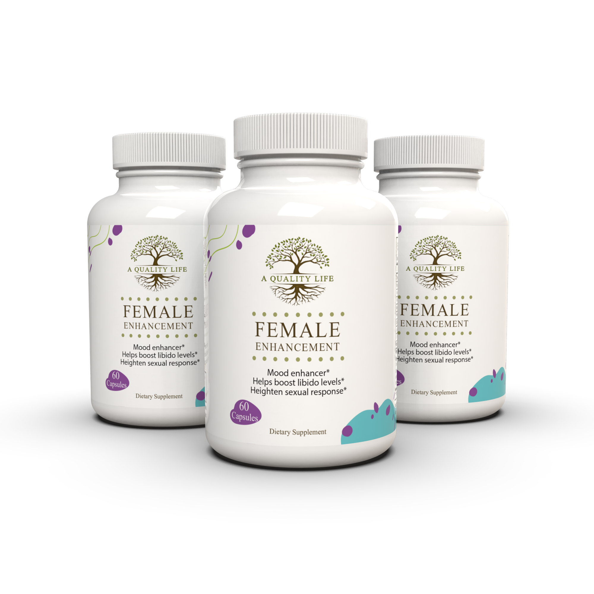 Three bottles of 'Female Enhancement' supplements on a white background