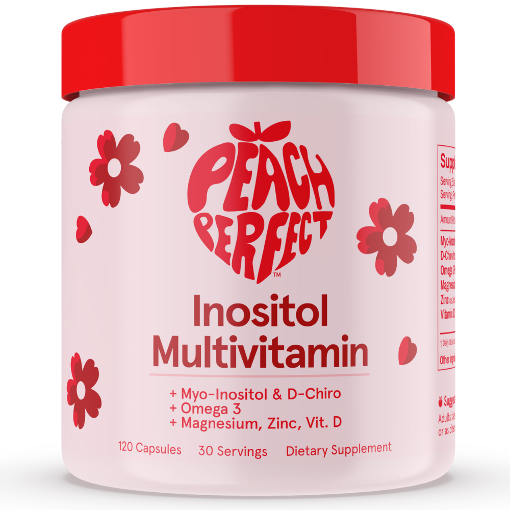 Peach Perfect Inositol Multivitamin container with red lid and pink label on a white background