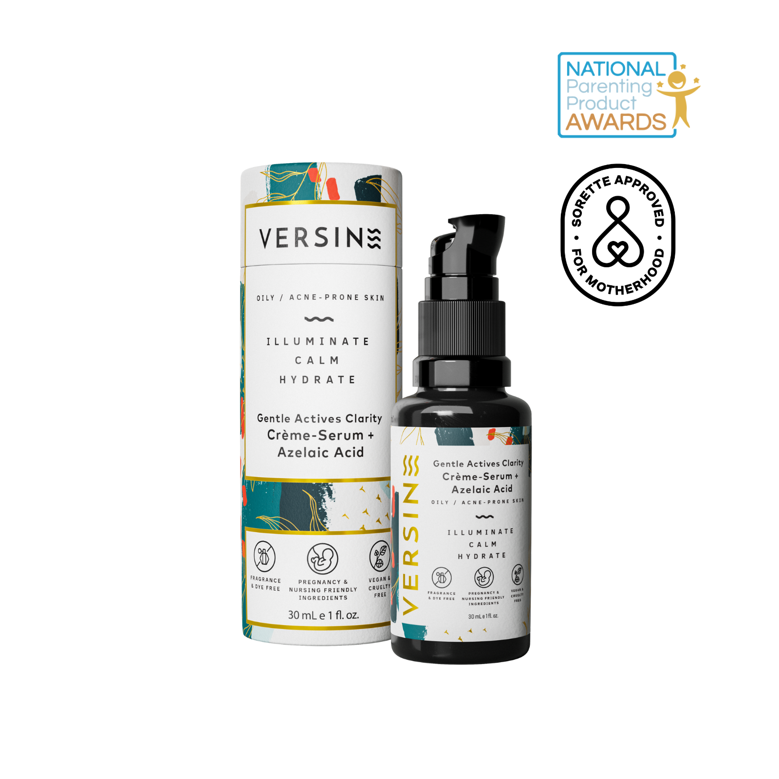 Versins skincare serum bottle and packaging on a white background with awards logo.