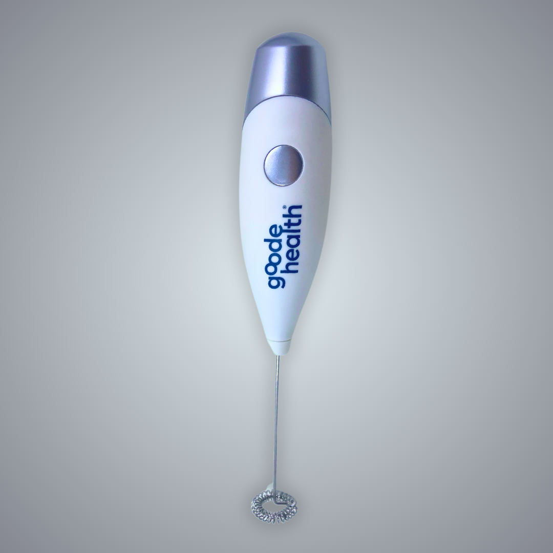 White and blue handheld device with 'globle health' branding on a light gray background