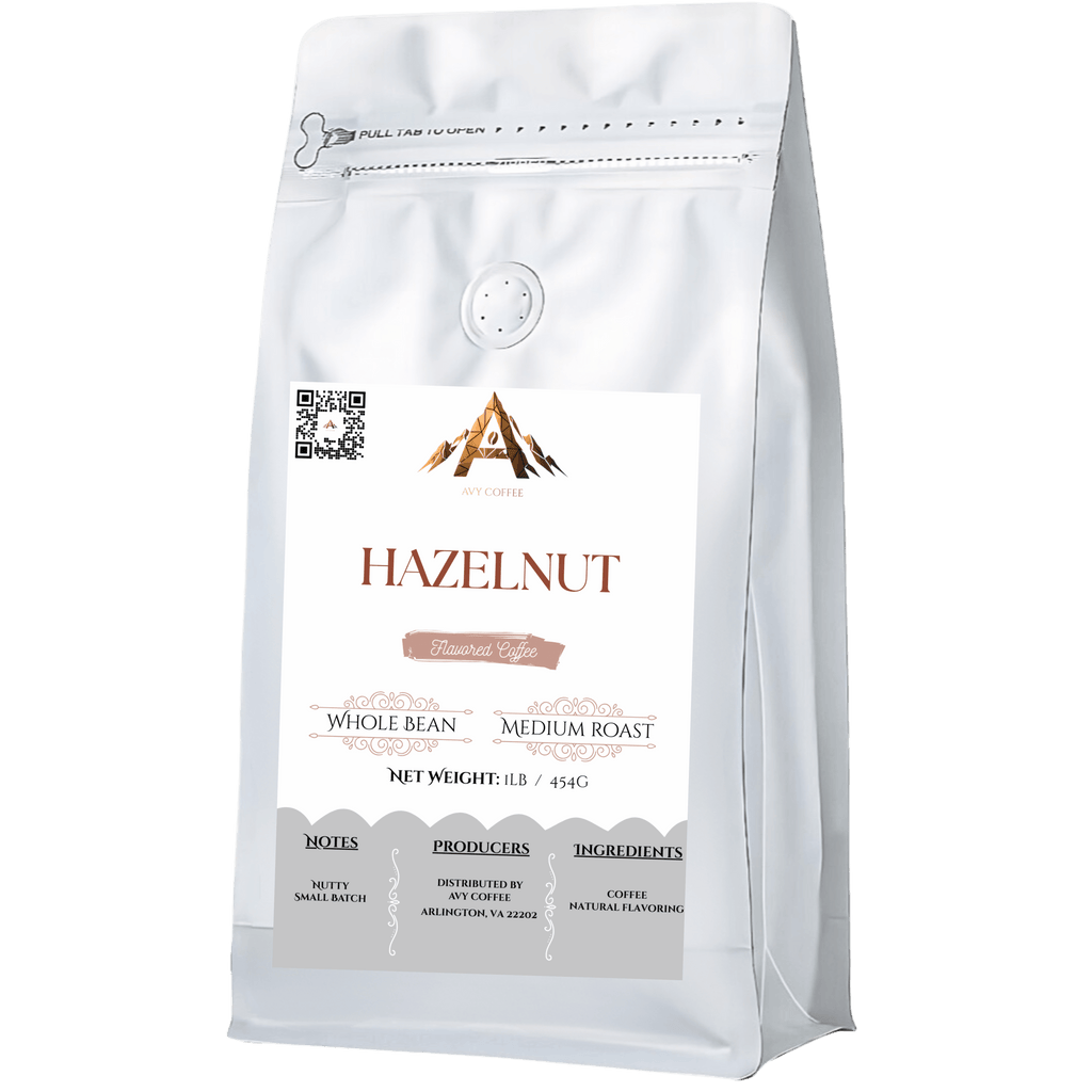 White coffee bag labeled 'Hazelnut' with branding on a white background