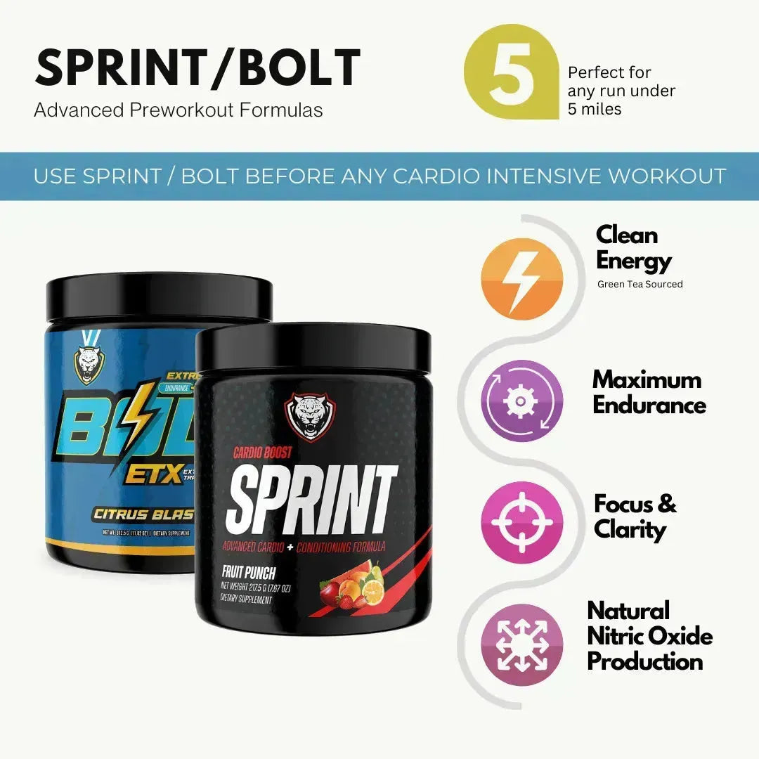 Two preworkout supplement containers with branding and product features listed.
