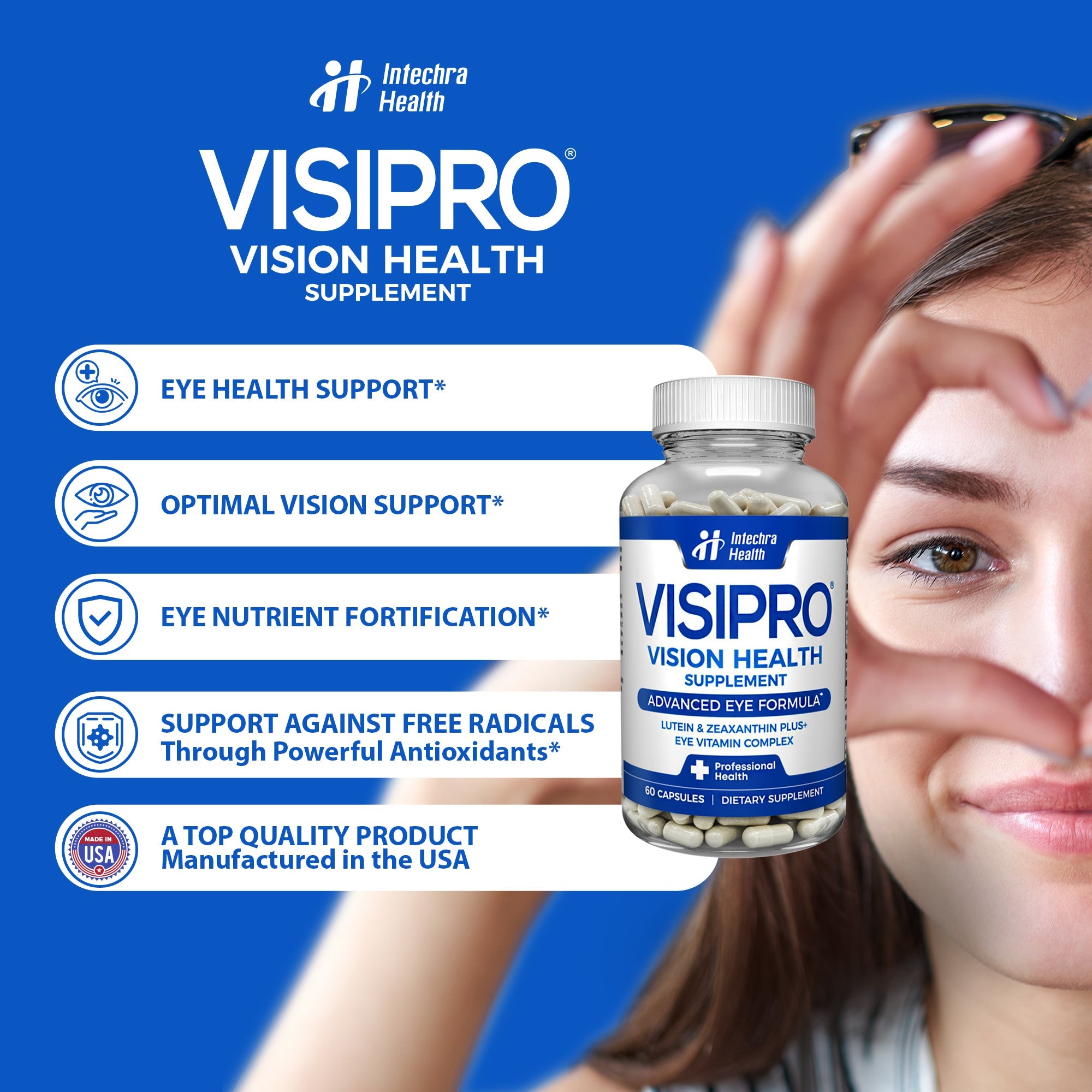 VISIPRO Vision Health Supplement bottle with a woman holding her face, on a blue background with Intechna Health branding.
