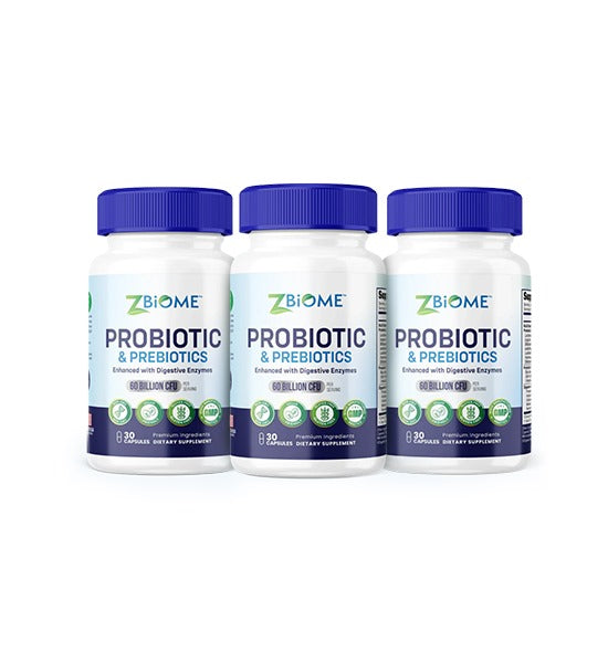 Three bottles of Zbiome Probiotic & Prebiotics on a white background