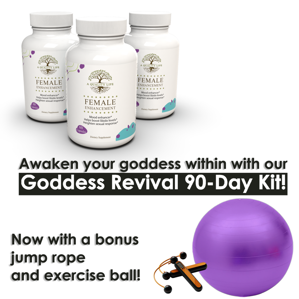 Three white bottles labeled 'Female Enhancement' with promotional text and a purple exercise ball on a white background.
