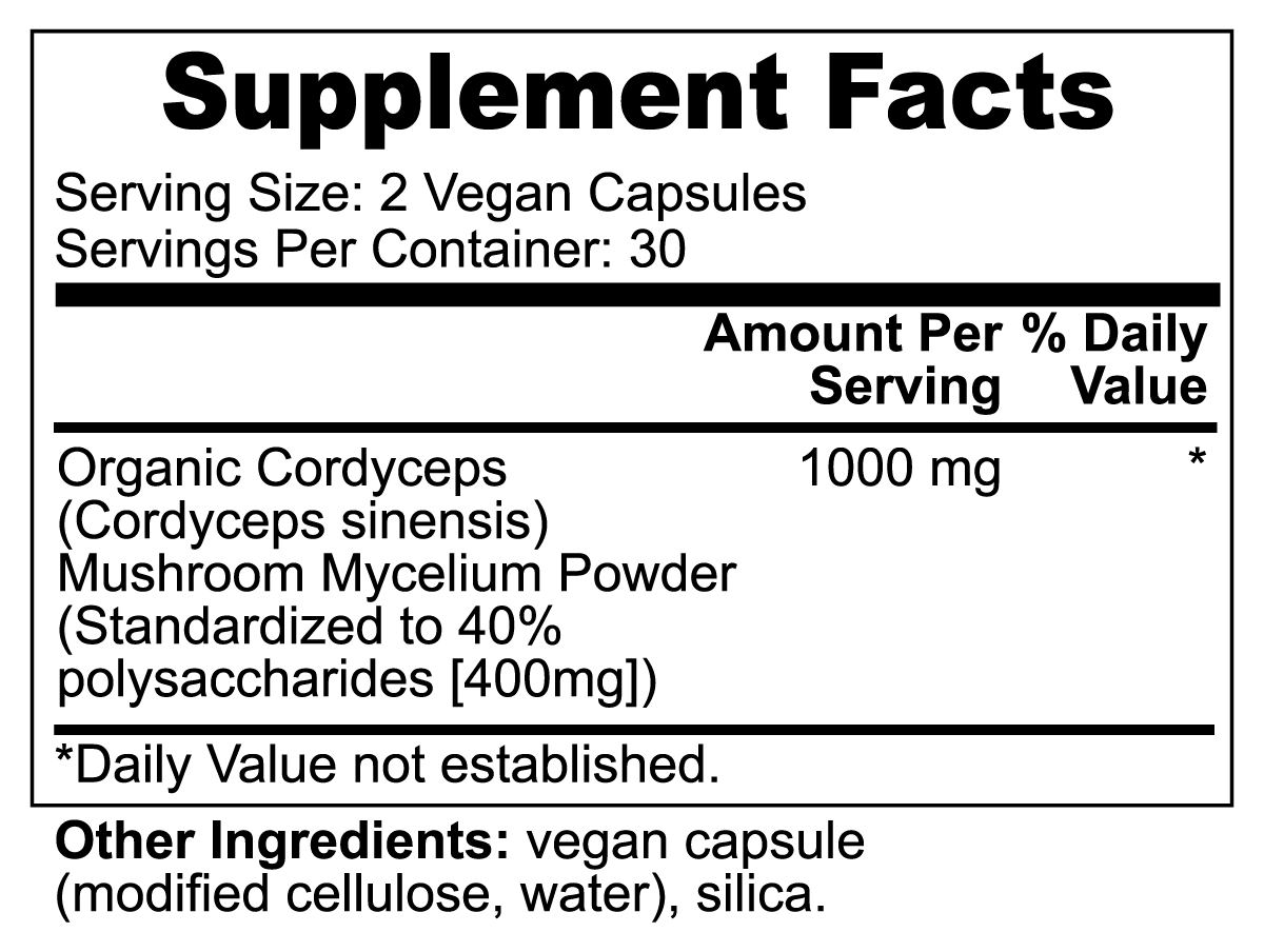 Supplement facts label for a product containing Organic Cordyceps and Mushroom Mycelium Powder.