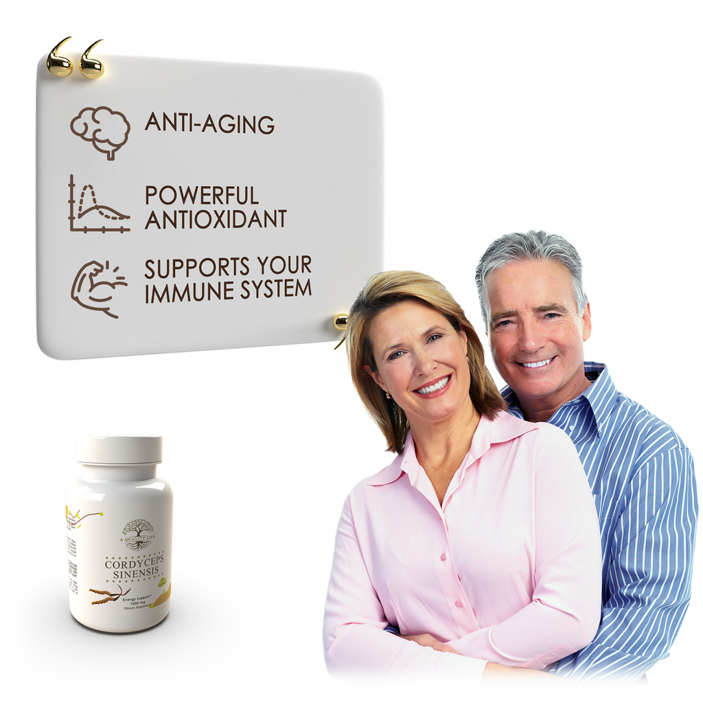 Product packaging with text about anti-aging and immune system support, alongside a couple smiling.